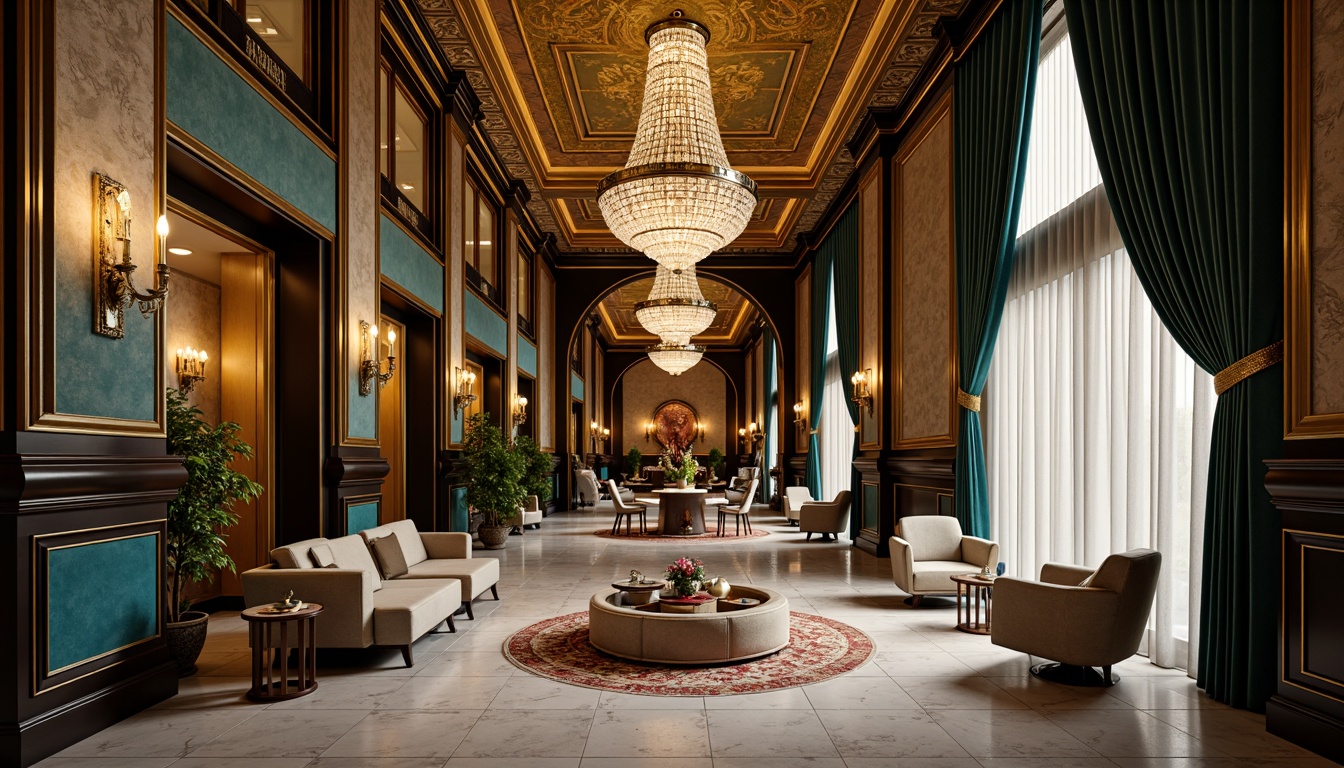 Prompt: Art Deco-inspired wall treatments, luxurious metallic accents, ornate geometric patterns, lavish marble textures, rich jewel-toned colors, opulent gold leaf details, intricate moldings, stylized florals, glamorous chrome fixtures, sophisticated velvet drapes, lavish crystal chandeliers, dramatic floor-to-ceiling curtains, warm ambient lighting, soft focus blur, 1/1 composition, shallow depth of field, realistic reflections.