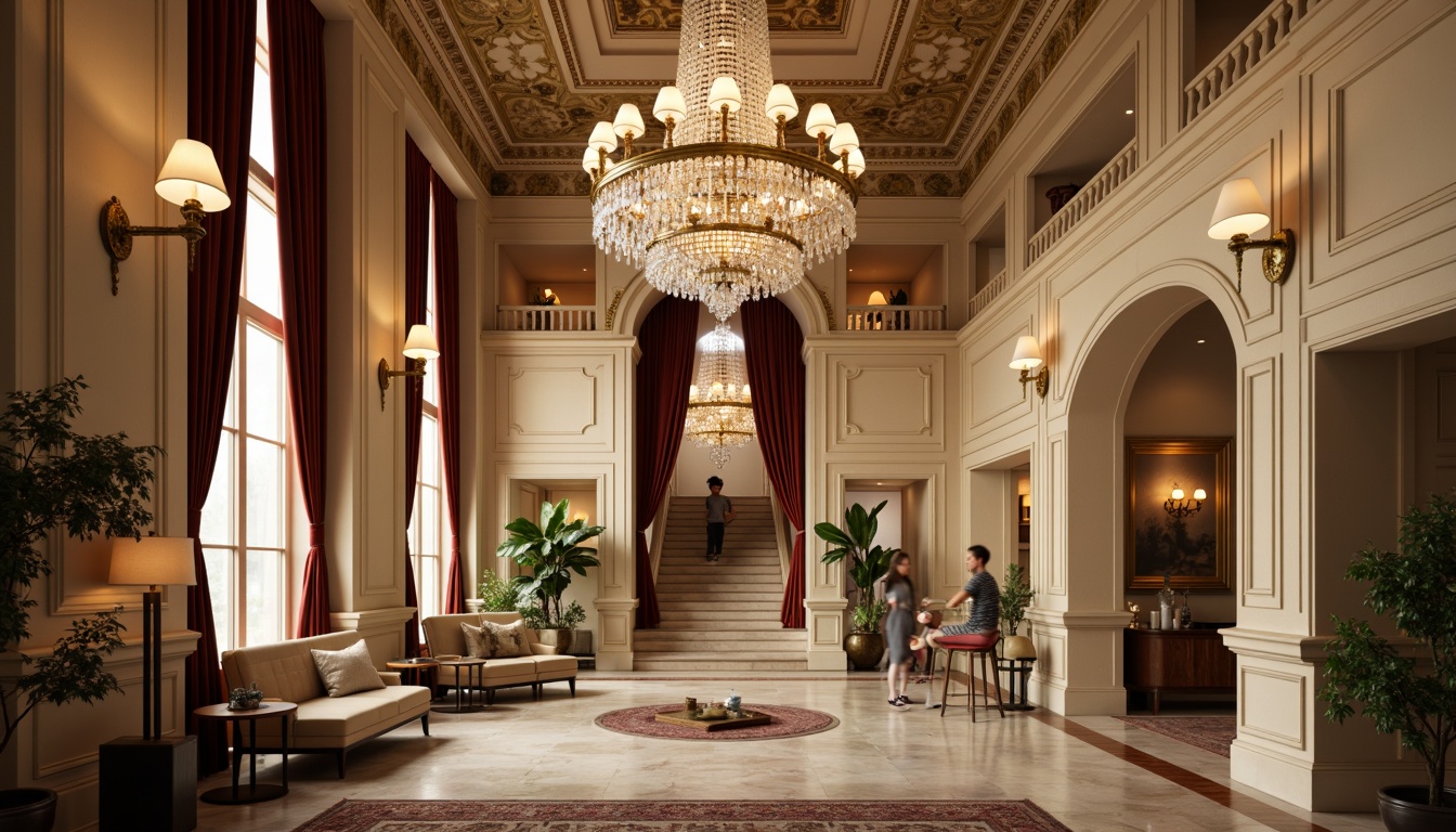 Prompt: Elegant crystal chandeliers, ornate bronze sconces, luxurious velvet drapes, rich wood paneling, marble flooring, intricate moldings, gilded accents, sophisticated pendant lights, refined table lamps, opulent floor lamps, majestic archways, grand staircase, lavish furnishings, high ceiling, cream-colored walls, warm golden lighting, soft diffused glow, atmospheric ambiance, 1/1 composition, shallow depth of field, realistic textures.