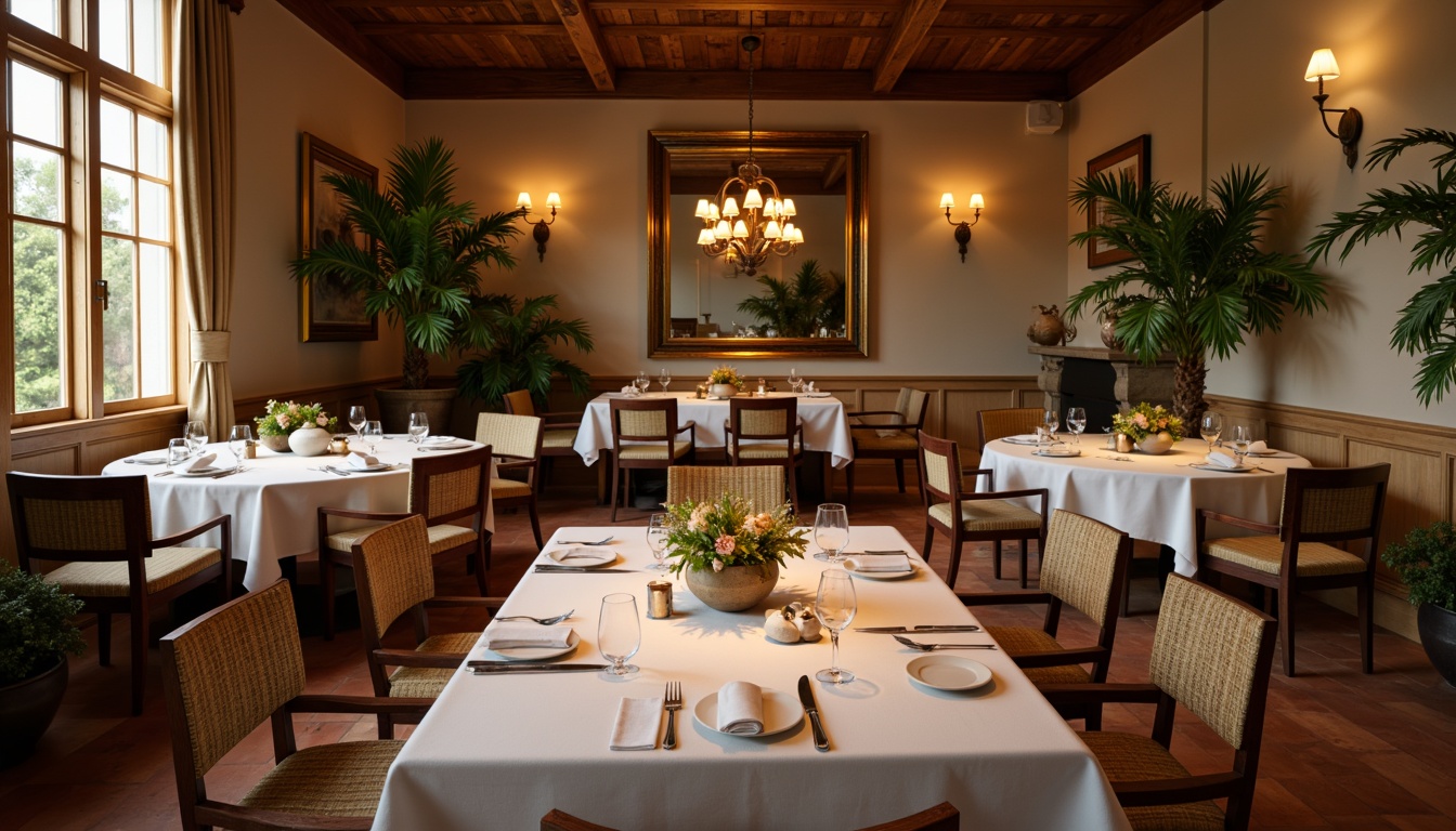 Prompt: Warm dining room, soft warm lighting, rich wood tones, comfortable seating, elegant table settings, vibrant greenery, natural textiles, earthy color scheme, beige walls, terracotta flooring, wooden furniture, upholstered chairs, decorative centerpieces, subtle patterns, gentle contrast, 3/4 composition, realistic textures, ambient occlusion.