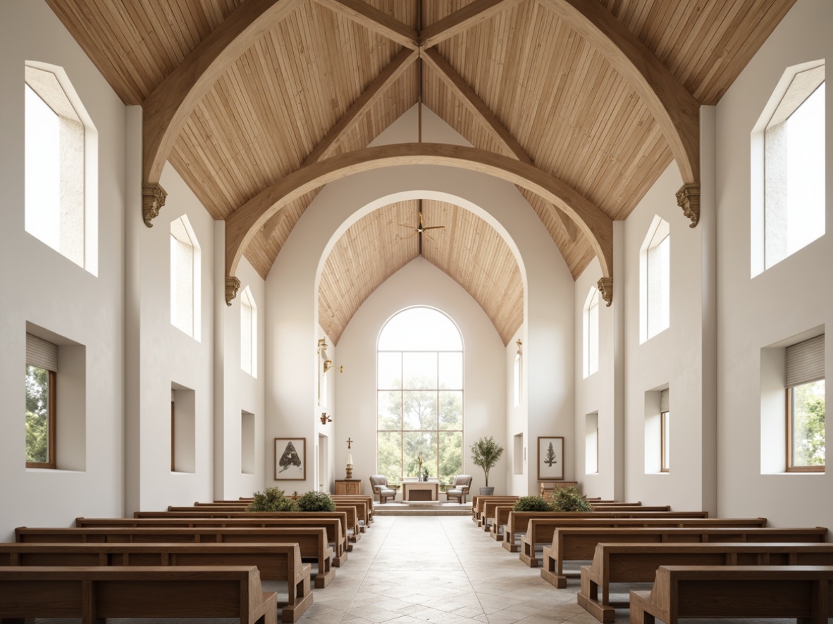 Prompt: Light-filled chapel, Nordic minimalist aesthetic, creamy whites, soft grays, warm beige tones, natural wood accents, subtle golden crosses, ornate stone carvings, rustic wooden pews, stained glass windows, serene ambiance, diffused softbox lighting, shallow depth of field, 1/1 composition, symmetrical framing, realistic textures, ambient occlusion.