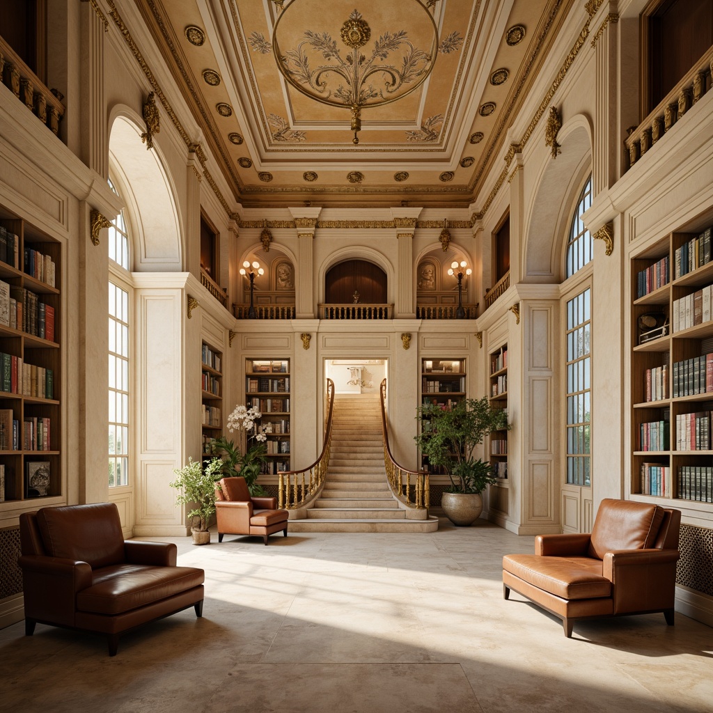 Prompt: Elegant library interior, neoclassical architecture, rich wood paneling, ornate details, cream-colored walls, warm beige flooring, soft golden lighting, majestic columns, grand staircase, intricate moldings, vintage bookshelves, leather-bound tomes, comfortable reading nooks, subtle texture overlays, natural stone accents, sophisticated color palette, earthy tones, muted pastels, dusty blues, creamy whites, warm neutrals, shallow depth of field, 1/2 composition, soft focus effect, realistic textures, ambient occlusion.