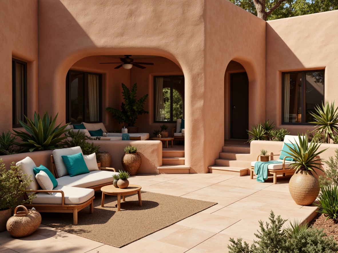 Prompt: Adobe-style stucco walls, earthy terracotta color palette, Southwestern architectural design, cozy apartments, warm beige flooring, rustic wooden accents, natural fiber textiles, vibrant turquoise decorative elements, woven baskets, desert botanicals, cacti plants, sunny afternoon, soft warm lighting, shallow depth of field, 3/4 composition, panoramic view, realistic textures, ambient occlusion.