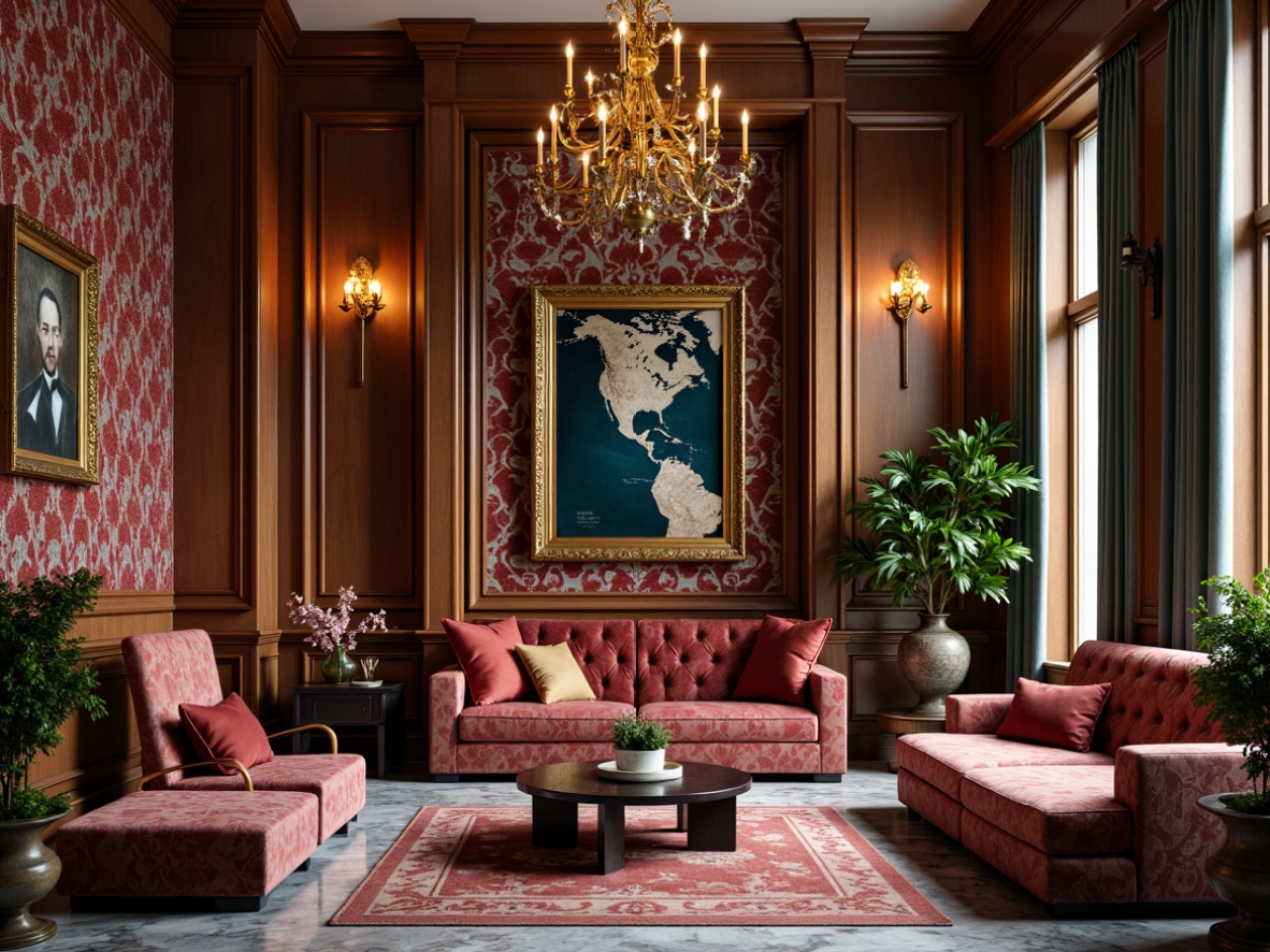 Prompt: Luxurious velvet fabrics, intricate damask patterns, rich jewel-toned colors, ornate golden frames, opulent crystal chandeliers, sophisticated marble floors, plush area rugs, elegant tufted sofas, refined wooden paneling, lavish drapery, subtle sheen finishes, soft warm lighting, shallow depth of field, 1/1 composition, realistic textures, ambient occlusion.