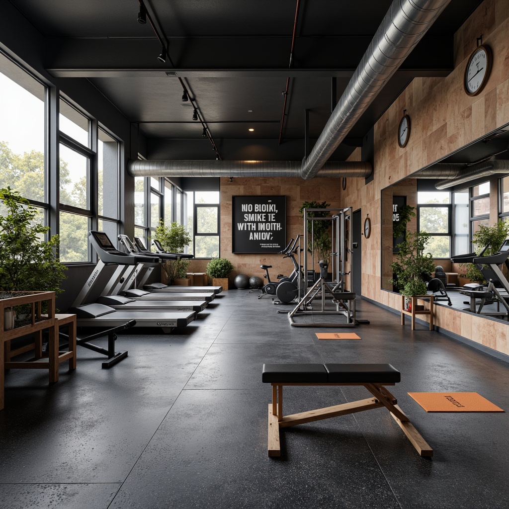 Prompt: Modern home gym, sleek metallic equipment, rubber flooring, mirrored walls, high ceilings, industrial lighting, motivational quotes, fitness-inspired artwork, adjustable dumbbells, exercise bikes, treadmills, folding benches, yoga mats, resistance bands, jump ropes, medicine balls, water bottles, towels, natural stone accents, urban loft style, functional layout, bright color scheme, energizing atmosphere.