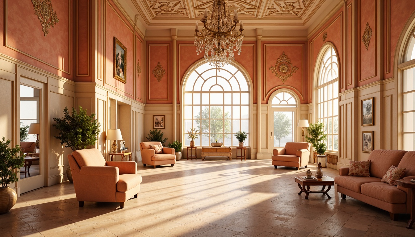 Prompt: Warm apricot hues, soft peach undertones, creamy whites, rich gold accents, velvety textures, intricate floral patterns, delicate lace details, ornate metalwork, sophisticated Victorian-era inspired architecture, grand ballrooms, opulent chandeliers, lavish furnishings, luxurious fabrics, majestic high ceilings, dramatic window treatments, warm sunny day, golden hour lighting, shallow depth of field, 2/3 composition.