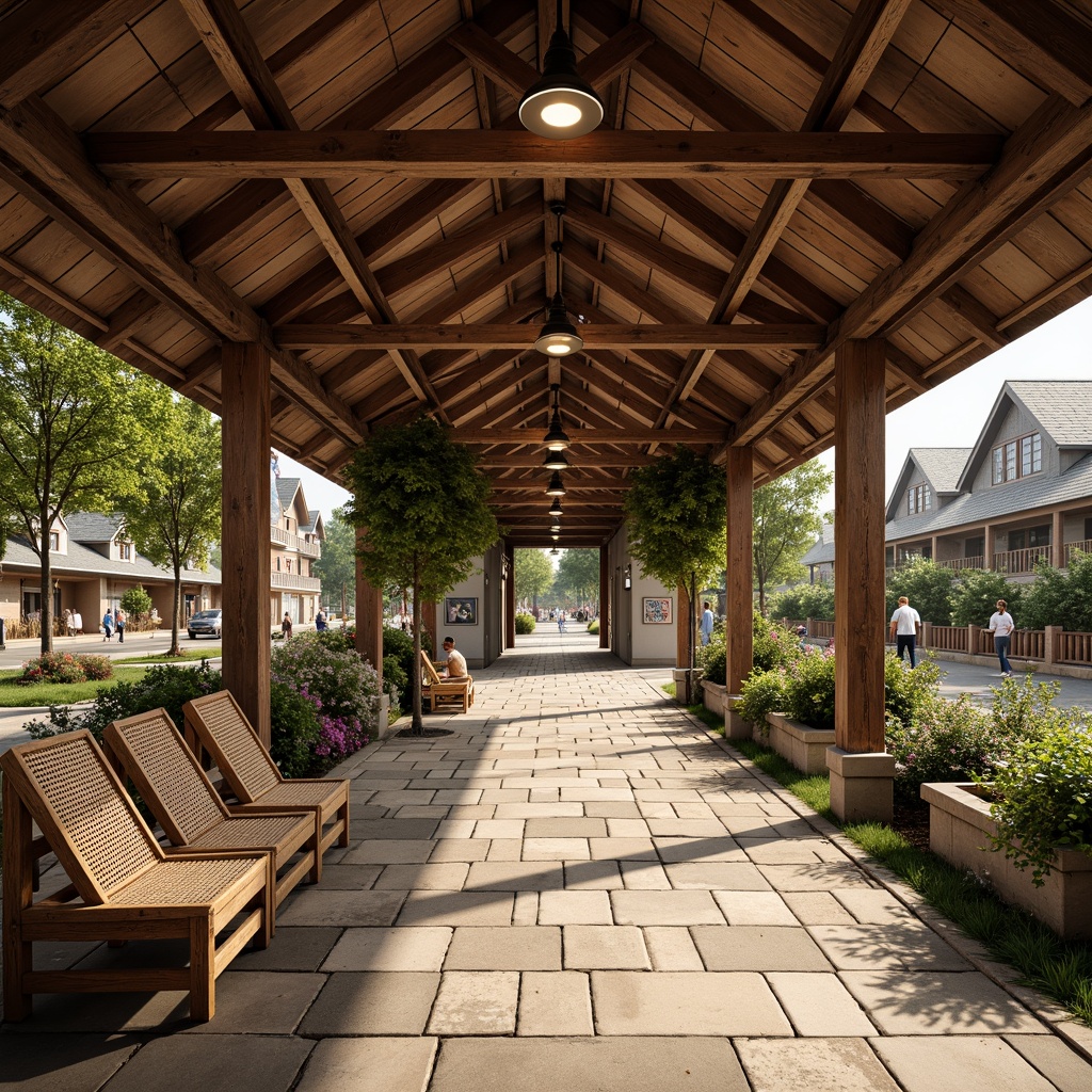 Prompt: Rustic bus station, wooden benches, woven wicker seats, natural stone flooring, earthy color palette, traditional architecture, steeply pitched roofs, wooden accents, ornate metalwork, vintage signage, lush greenery, blooming flowers, warm sunny day, soft warm lighting, shallow depth of field, 3/4 composition, panoramic view, realistic textures, ambient occlusion.