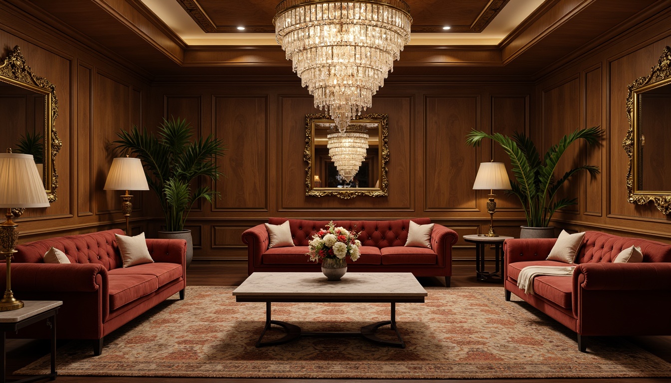 Prompt: Luxurious living room, velvet sofas, marble coffee tables, ornate mirrors, crystal chandeliers, patterned rugs, rich wood paneling, golden accents, soft warm lighting, atmospheric ambiance, cinematic color palette, 1/1 composition, shallow depth of field, realistic textures, ambient occlusion.