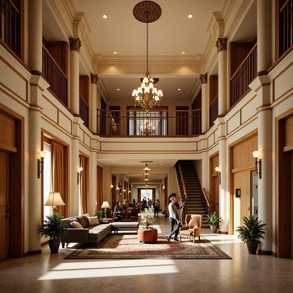 Prompt: Elegant community center, classic columns, ornate moldings, luxurious chandeliers, grand staircases, rich wood paneling, warm beige walls, plush furniture, velvet drapes, intricately patterned rugs, refined marble floors, symmetrical layouts, balanced compositions, soft golden lighting, subtle shadows, 1/1 aspect ratio, realistic textures, ambient occlusion.