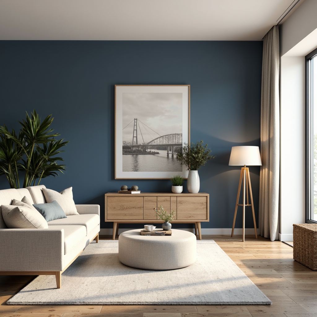 Prompt: Navy blue accents, crisp white walls, warm beige floors, natural wood furniture, soft cream textiles, subtle gold metallic details, elegant modern decor, minimal ornamentation, calm atmosphere, abundant natural light, shallow depth of field, 1/2 composition, realistic reflections, ambient occlusion.