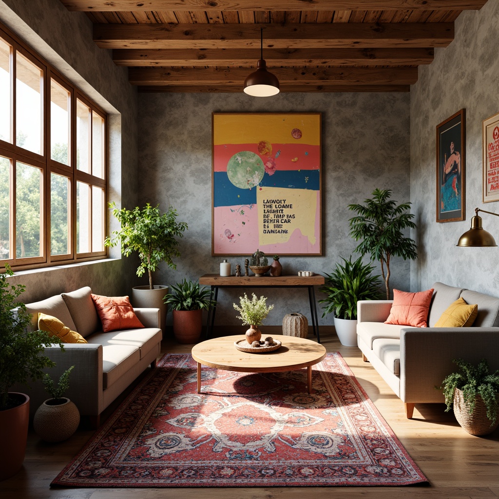 Prompt: Vibrant artistic studio, natural wood accents, eclectic furniture, colorful artwork, abstract patterns, bold typography, pastel hues, earthy tones, rich jewel-toned accents, metallic finishes, soft warm lighting, cozy atmosphere, 1/1 composition, realistic textures, ambient occlusion.Let me know if you need any adjustments or if this meets your requirements!