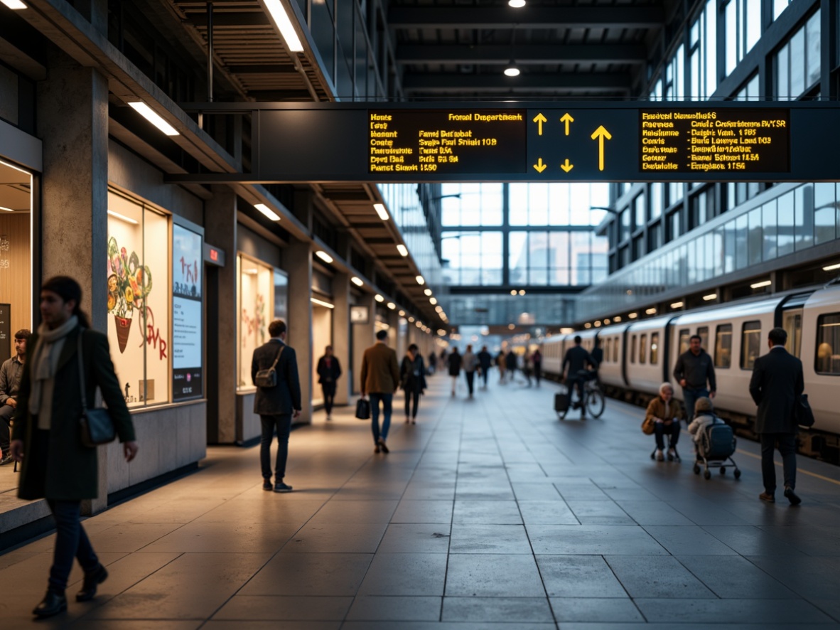 Prompt: Busy train station, modern wayfinding signage, clear directional arrows, bright LED lights, sleek metal frames, easy-to-read font, vibrant color scheme, intuitive navigation system, large digital displays, real-time departure boards, platform indicators, accessible pedestrian routes, comfortable waiting areas, natural stone floors, high ceilings, ample natural light, warm ambient lighting, shallow depth of field, 1/1 composition, realistic textures, ambient occlusion.