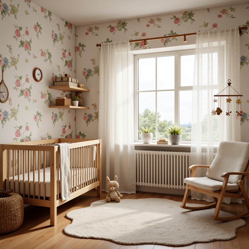 Prompt: Whimsical baby nursery, soft pastel colors, delicate floral patterns, plush area rug, wooden crib, lace curtains, vintage mobiles, stuffed animal toys, woven baskets, natural wood accents, gentle warm lighting, shallow depth of field, 1/1 composition, intimate atmosphere, realistic textures, ambient occlusion.