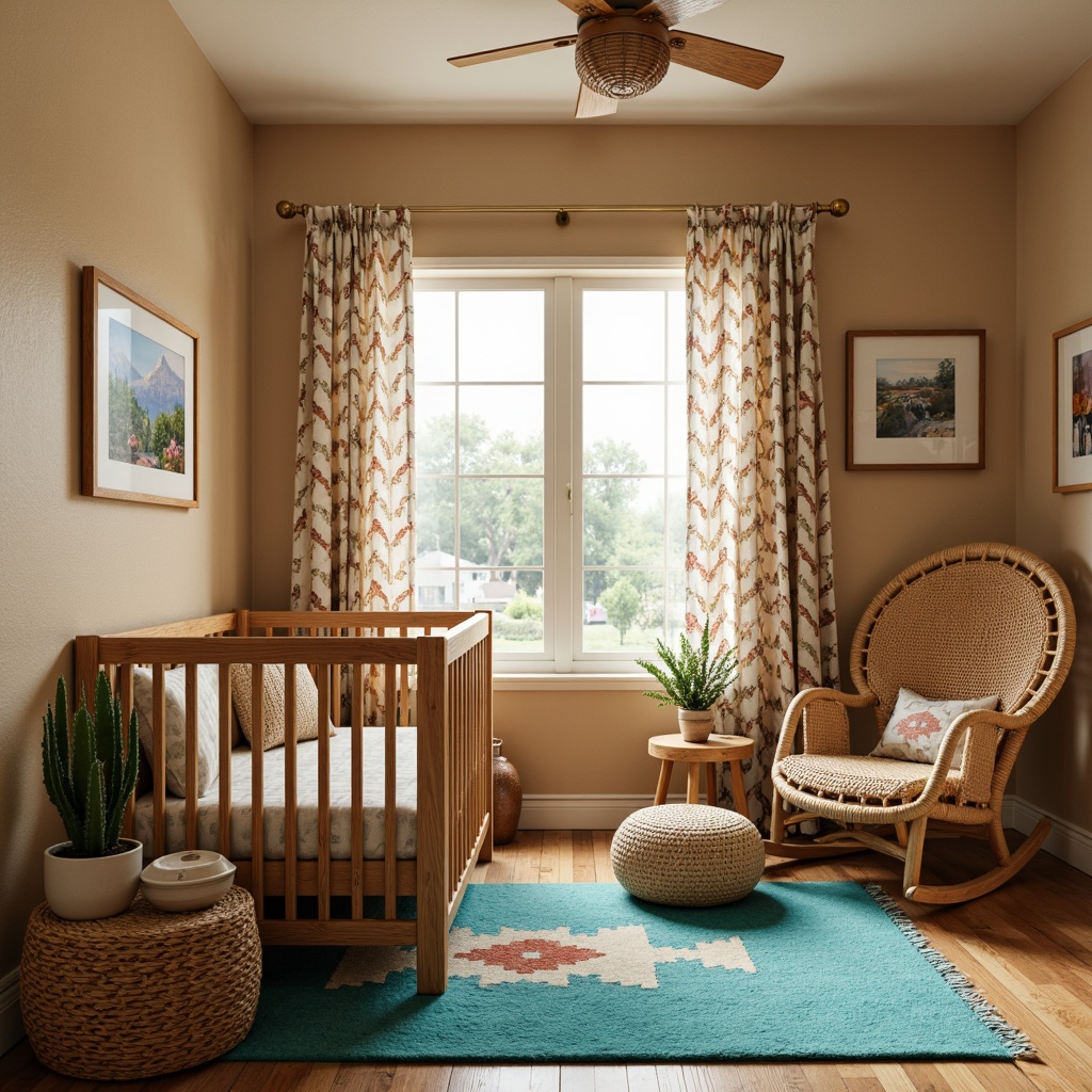 Prompt: Southwestern-inspired baby room, warm beige walls, turquoise accents, cactus-printed fabrics, rustic wooden crib, woven rattan rocking chair, vibrant azul-colored rug, natural fiber textiles, earthy-toned furniture, geometric-patterned curtains, clay pottery decorative accents, soft warm lighting, shallow depth of field, 3/4 composition, realistic textures, ambient occlusion.