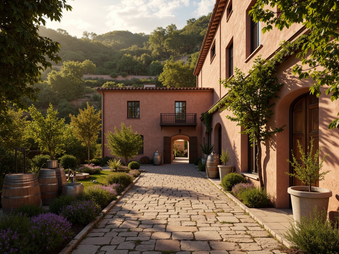 Prompt: Rich vineyard landscape, rustic stone buildings, wooden wine barrels, lush green vines, warm golden lighting, earthy terracotta walls, soft lavender hues, weathered wooden doors, ornate ironwork, vintage wine-making equipment, natural stone pathways, sunny Mediterranean climate, 1/1 composition, intimate atmosphere, realistic textures, ambient occlusion.Please let me know if this meets your expectations!