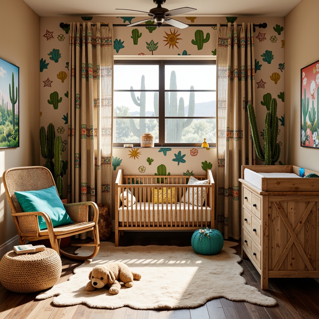 Prompt: Vibrant baby nursery, southwestern decor, cactus-inspired wallpaper, turquoise accents, woven wicker crib, rustic wooden changing table, soft sheepskin rug, natural fiber textiles, ethnic-inspired patterns, colorful Aztec-print curtains, rattan rocking chair, warm beige walls, distressed wood furniture, desert landscape artwork, sunny day lighting, shallow depth of field, 1/1 composition, realistic textures, ambient occlusion.