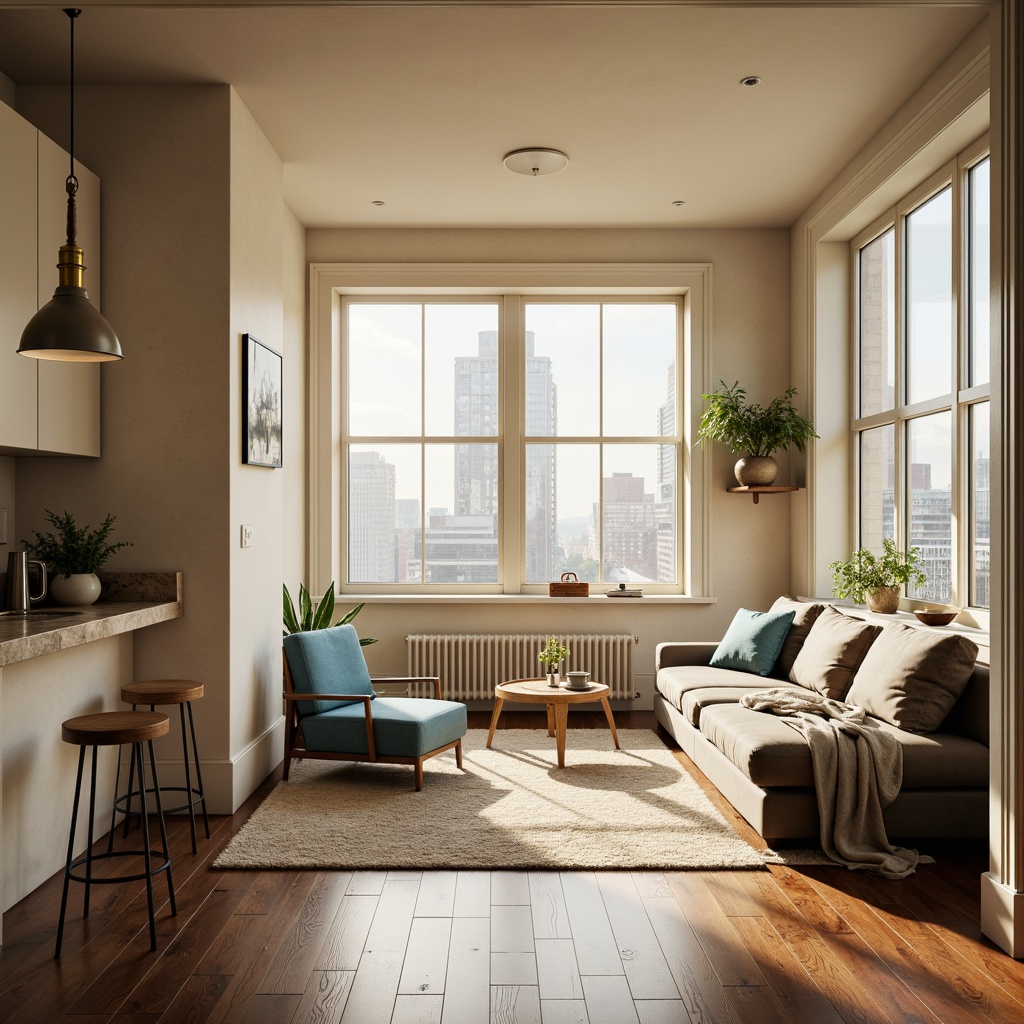 Prompt: Cozy apartment, warm beige walls, rich wood flooring, soft pastel accents, calming blue hues, creamy white trim, natural stone countertops, industrial chic metal decor, modern minimalist furniture, urban city views, morning sunlight, warm golden lighting, shallow depth of field, 1/2 composition, realistic textures, ambient occlusion.