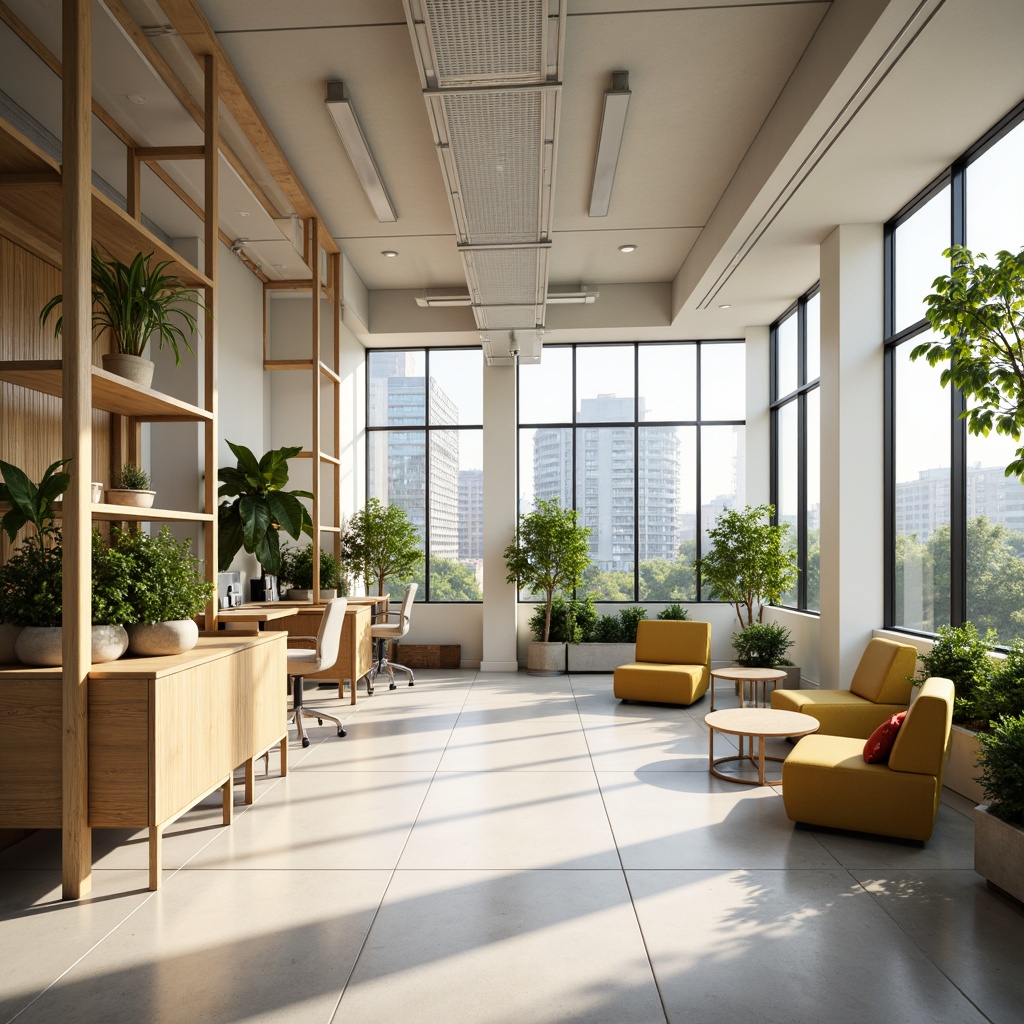 Prompt: Modern office interior, calm atmosphere, soft pastel colors, creamy whites, warm beige tones, rich wood accents, sleek metal frames, minimalist decor, ample natural light, floor-to-ceiling windows, collaborative workspaces, ergonomic furniture, vibrant greenery, living walls, urban city view, bright afternoon sunlight, shallow depth of field, 1/2 composition, realistic textures.