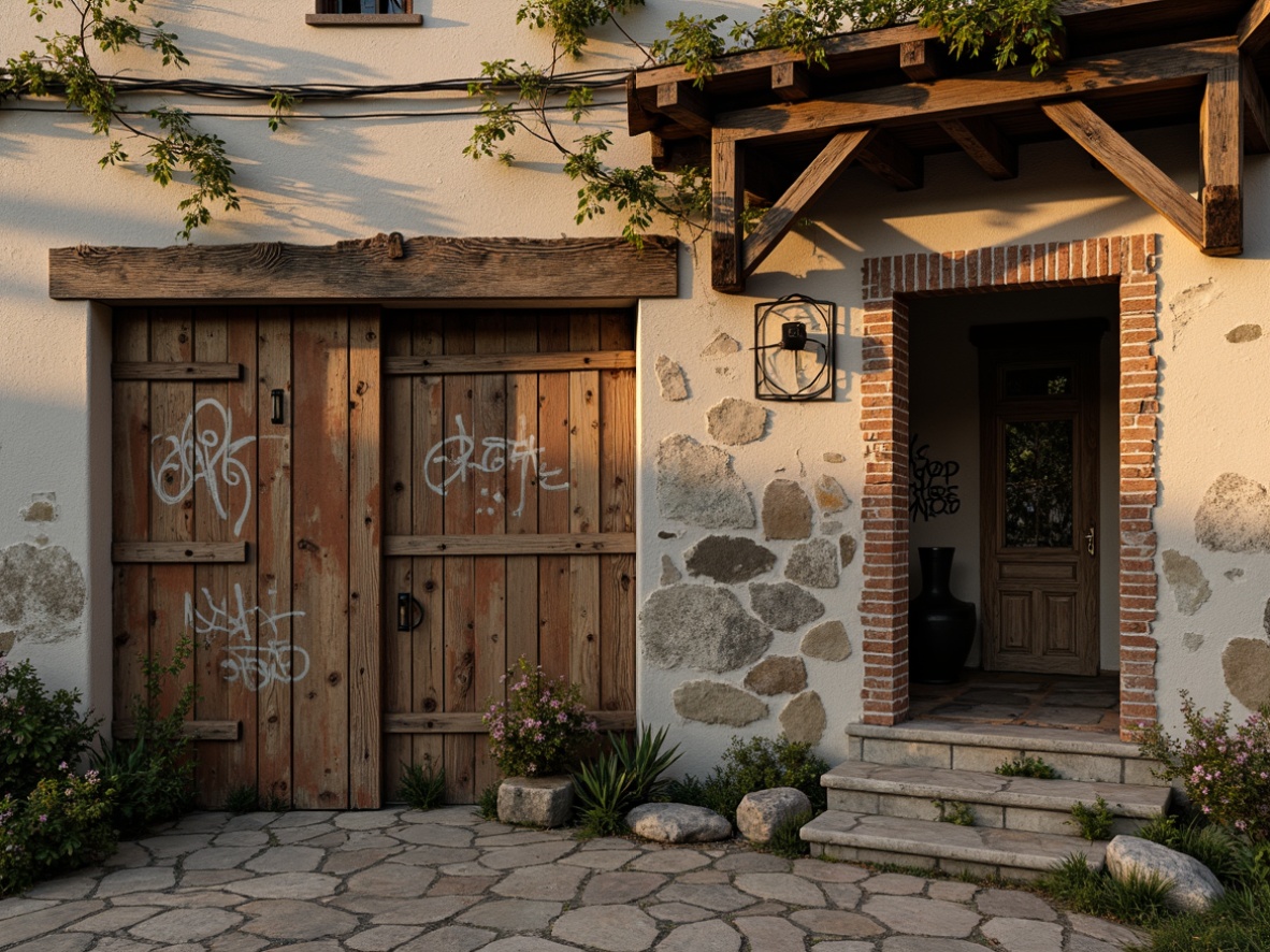 Prompt: Rough-hewn stone walls, weathered wooden planks, distressed brick textures, rusty metal corrugations, faded graffiti murals, peeling paint layers, worn concrete surfaces, aged stonework, moss-covered rocks, ivy entwined facades, warm golden lighting, soft focus, shallow depth of field, 1/2 composition, realistic materials, ambient occlusion.