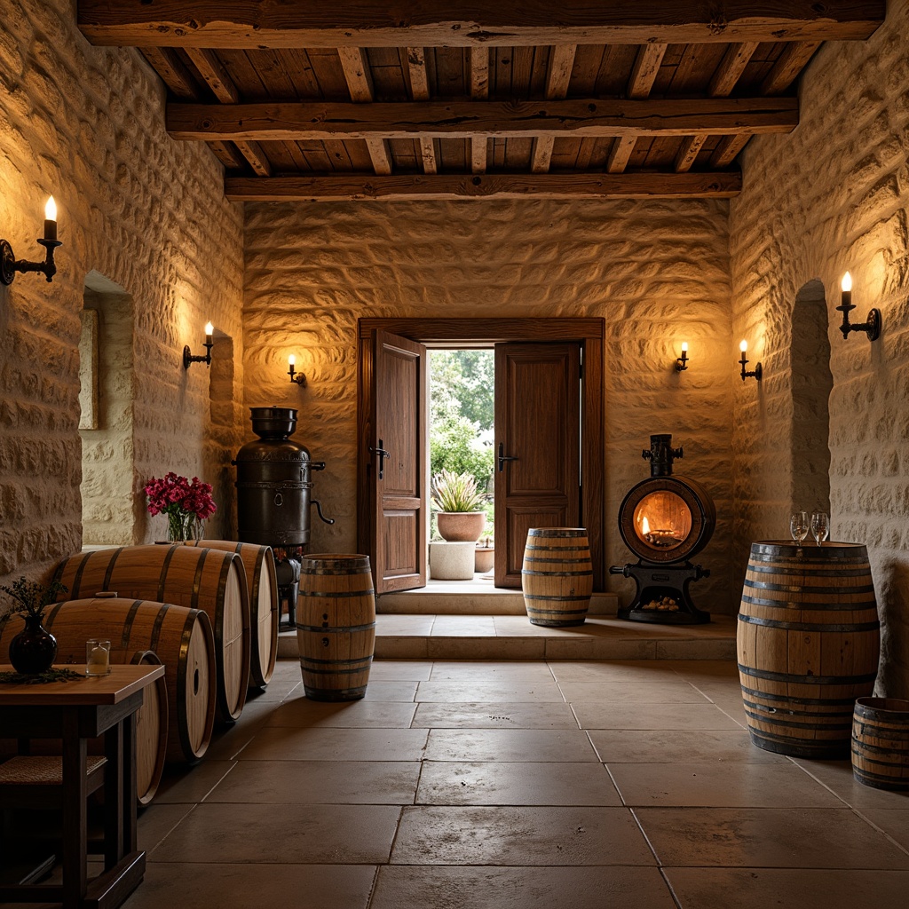 Prompt: Rustic winery interior, earthy stone walls, wooden barrel accents, vintage wine-making equipment, dim warm lighting, rich wood tones, exposed beams, natural fiber textiles, traditional French doors, ornate metalwork, distressed finishes, warm beige colors, soft candlelight, shallow depth of field, 1/1 composition, realistic textures, ambient occlusion.