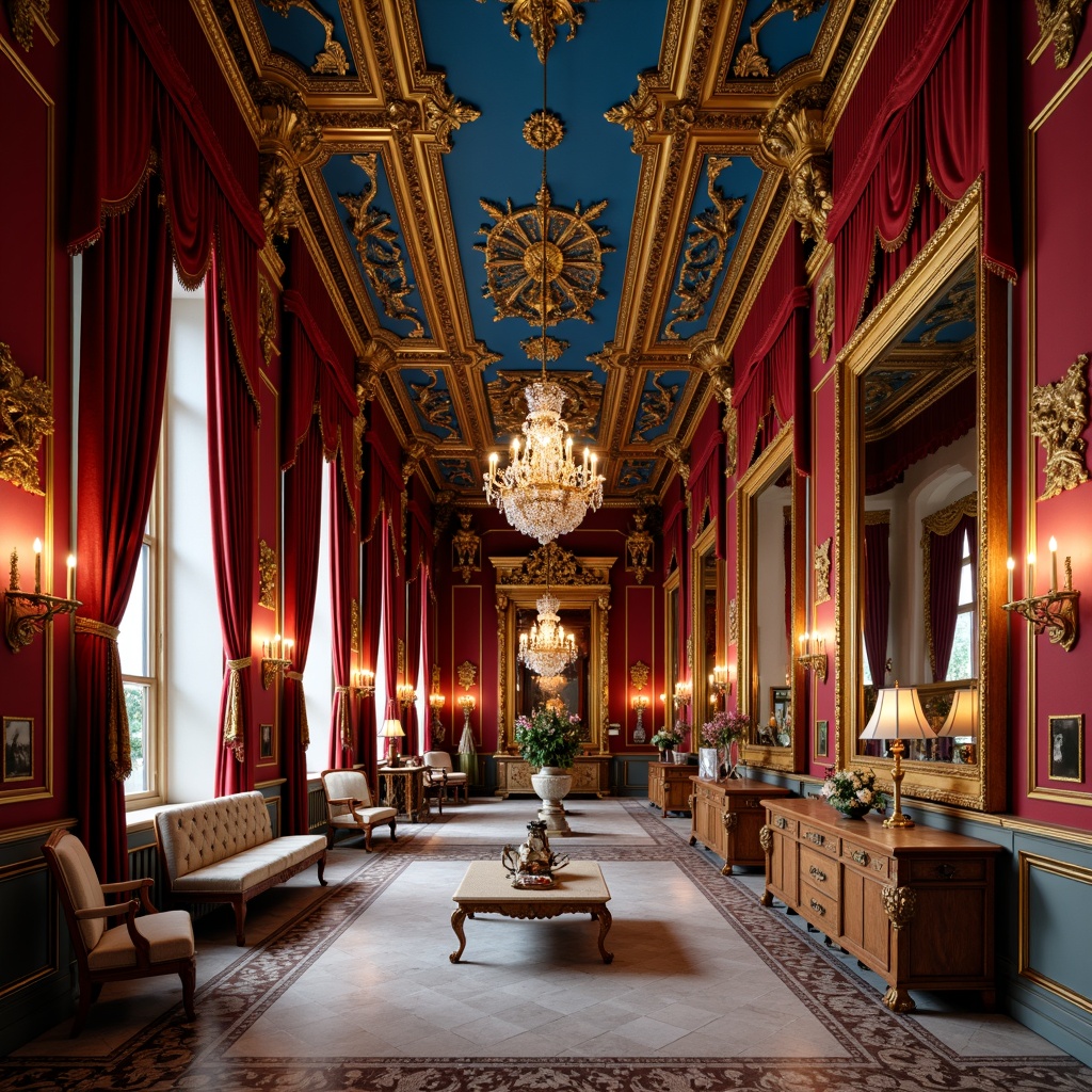 Prompt: Ornate Baroque palace, rich velvet drapes, gilded frames, ornamental mirrors, lavish chandeliers, intricate carvings, bold red walls, regal blue ceilings, golden accents, luxurious marble floors, opulent furnishings, dramatic lighting, warm candlelight, soft focus, 1/1 composition, intimate atmosphere, realistic textures, subtle grain.