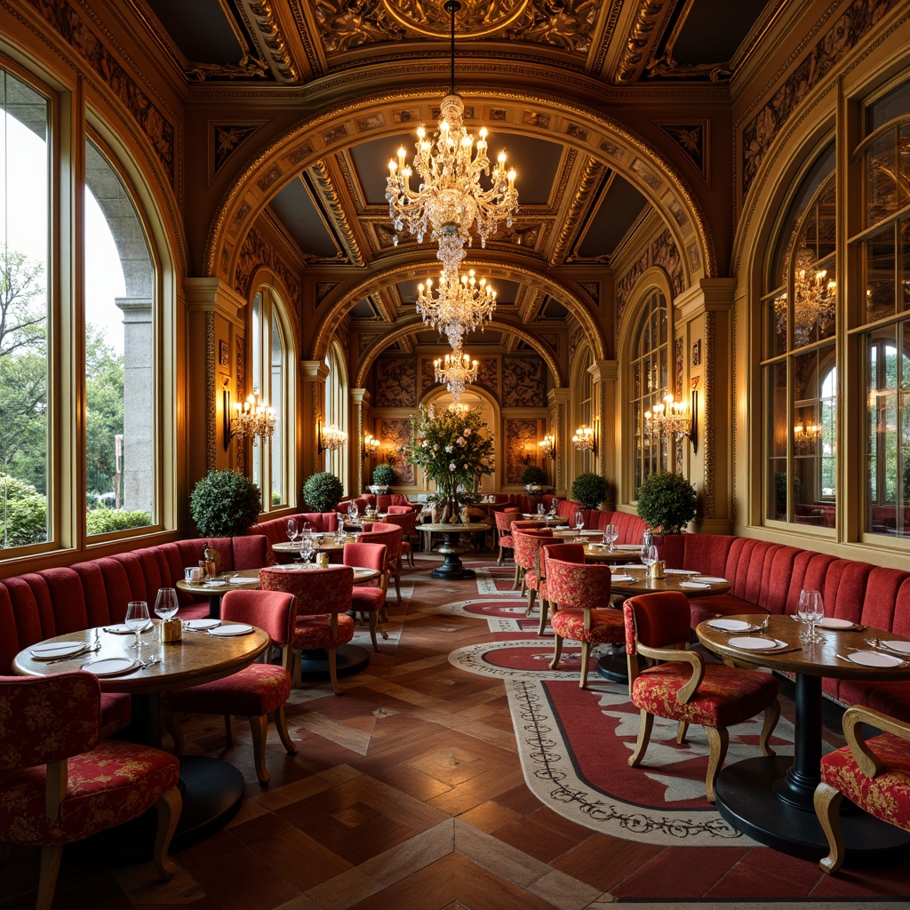 Prompt: Ornate restaurant interior, golden accents, curved lines, floral patterns, velvet upholstery, crystal chandeliers, marble countertops, gilded mirrors, luxurious fabrics, rich wood tones, intricate carvings, soft warm lighting, shallow depth of field, 1/1 composition, realistic textures, ambient occlusion, French Renaissance inspiration, opulent atmosphere, grandiose architecture, lavish decorations.