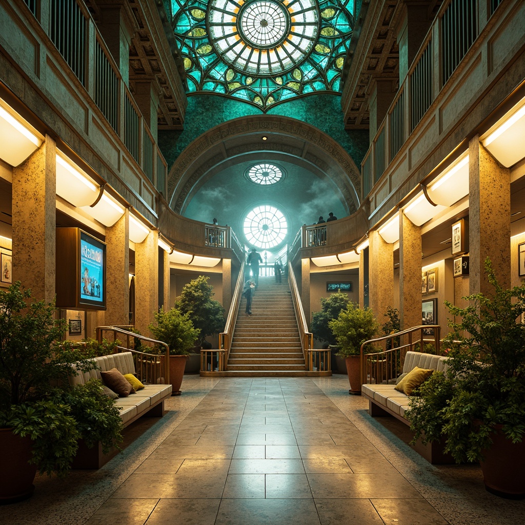 Prompt: Rich jewel-toned metro station, ornate Art Nouveau details, flowing organic lines, vibrant turquoise accents, warm golden lighting, intricate mosaic patterns, luxurious bronze fixtures, sleek marble floors, elegant curved staircases, dramatic vaulted ceilings, subtle earthy tones, soft cream-colored walls, ornamental ironwork, lush greenery, ambient misting effects, 1/2 composition, cinematic lighting, realistic textures, atmospheric rendering.