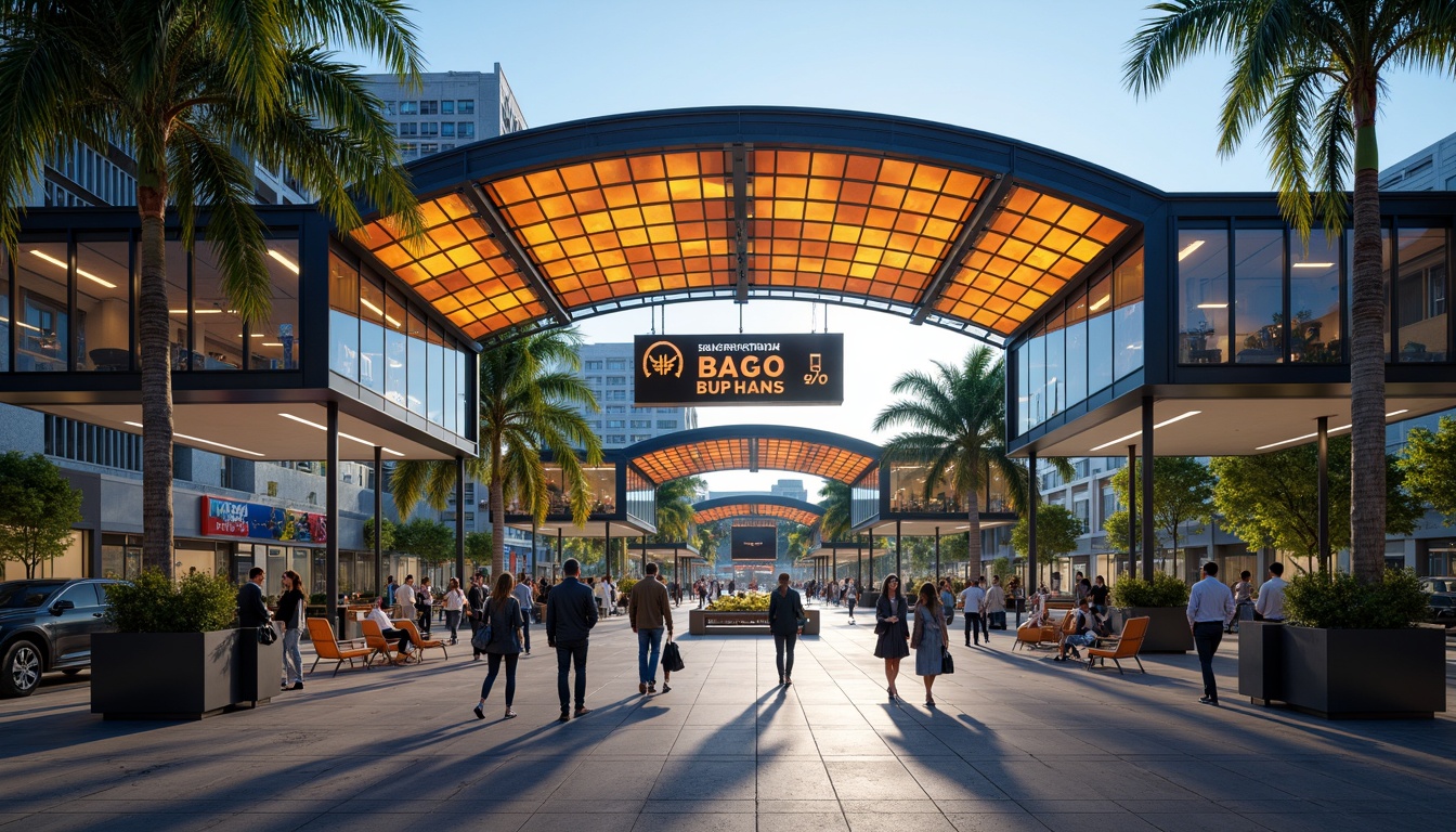 Prompt: Vibrant transportation hub, modern bus station, sleek metal framework, glass roofs, bright LED lighting, bold color accents, dynamic signage, urban landscape, bustling city atmosphere, morning commute, warm natural light, shallow depth of field, 3/4 composition, realistic textures, ambient occlusion.