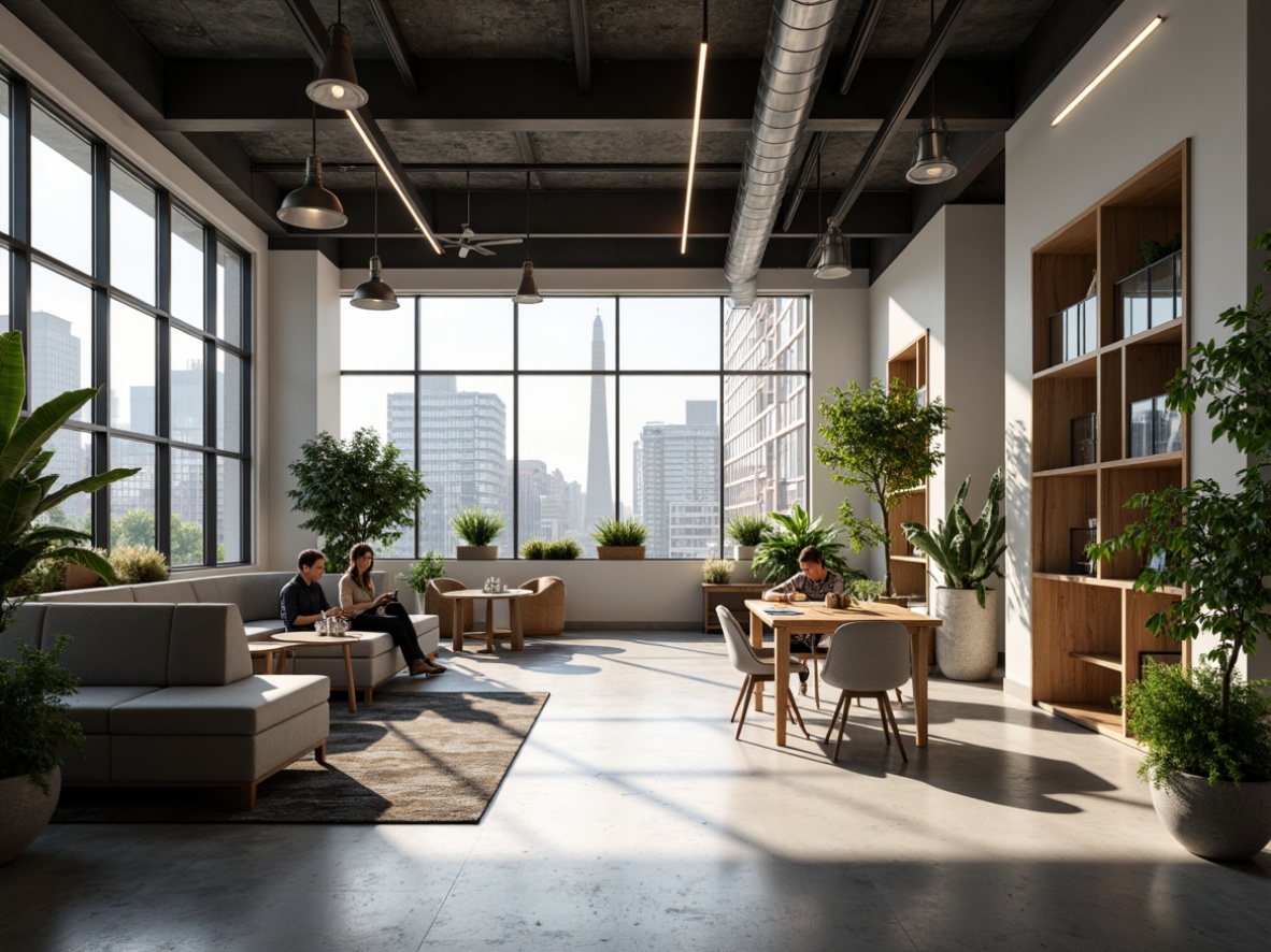 Prompt: Modern office space, minimalist aesthetic, sleek lines, industrial chic, polished concrete floors, exposed ductwork, floor-to-ceiling windows, natural daylight, LED light strips, pendant lamps, metal shades, warm ambient lighting, task-oriented spotlights, collaborative workstations, ergonomic furniture, acoustic panels, green walls, living plants, urban cityscape views, morning sunlight, soft shadows, shallow depth of field, 2/3 composition, realistic textures, subtle color grading.