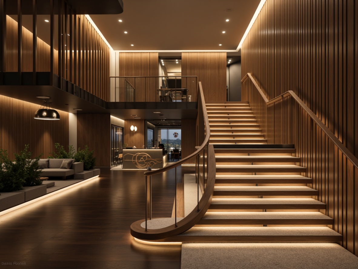 Prompt: Modern staircase, sleek metal railings, minimalist design, polished chrome accents, warm ambient lighting, soft glow LED strips, recessed ceiling lights, dramatic spotlights, suspended pendant lamps, elegant glass balustrades, flowing curves, open risers, wooden or steel treads, luxurious carpeting, subtle color palette, sophisticated textures, 1/1 composition, shallow depth of field, realistic renderings.