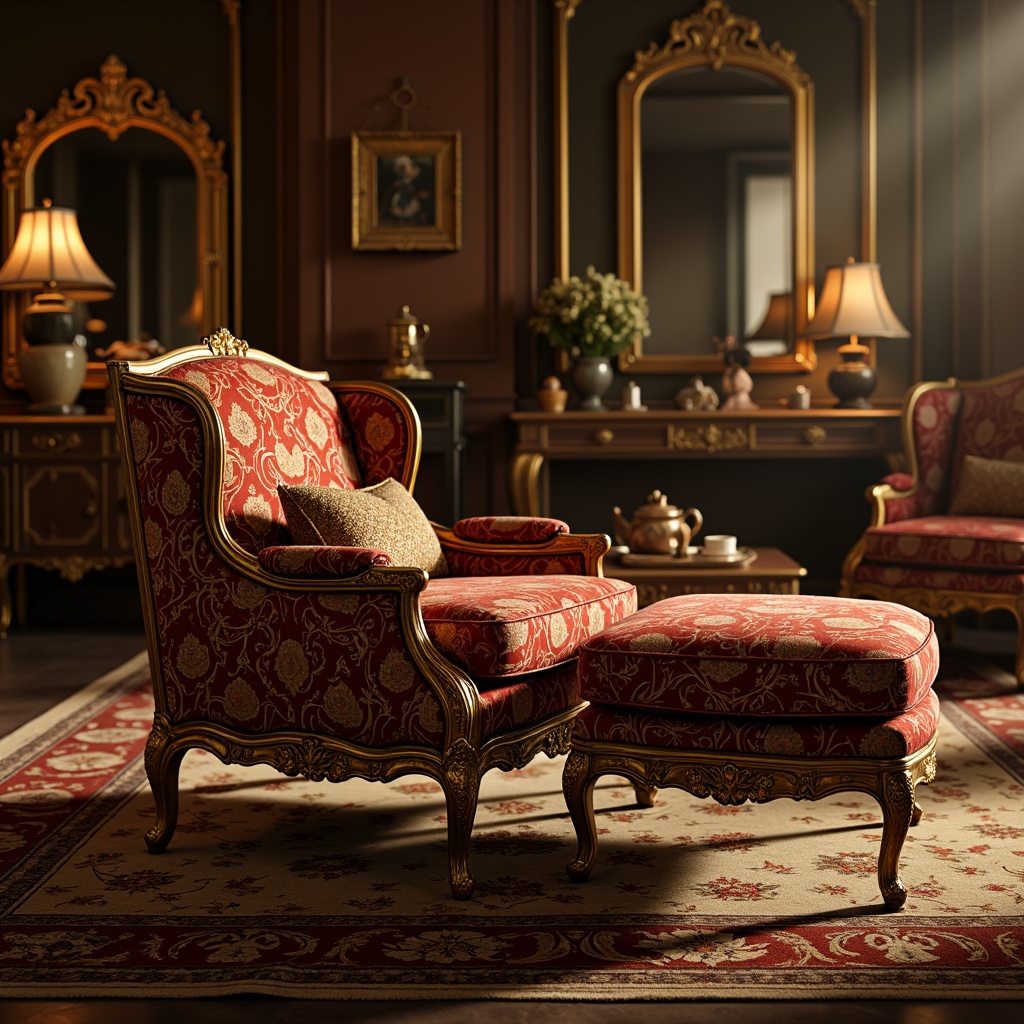 Prompt: Ornate gold accents, luxurious velvet fabrics, intricately carved wooden legs, curved silhouette, rich jewel-toned colors, opulent upholstery, gilded mirror frames, grandiose proportions, lavish decorative patterns, exquisite marquetry, regal atmosphere, warm golden lighting, shallow depth of field, 2/3 composition, dramatic shadows, realistic textures, ambient occlusion.