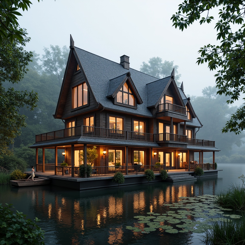 Prompt: Rustic boathouse, Victorian-style architecture, ornate wooden facades, intricate trims, steeply pitched roofs, turrets, dormer windows, decorative gables, weathered wooden decks, nautical-themed decorations, lantern-style lighting, warm golden lighting, misty lake surroundings, lush greenery, water lilies, tranquil atmosphere, 1/1 composition, soft focus, warm color palette, realistic textures, ambient occlusion.