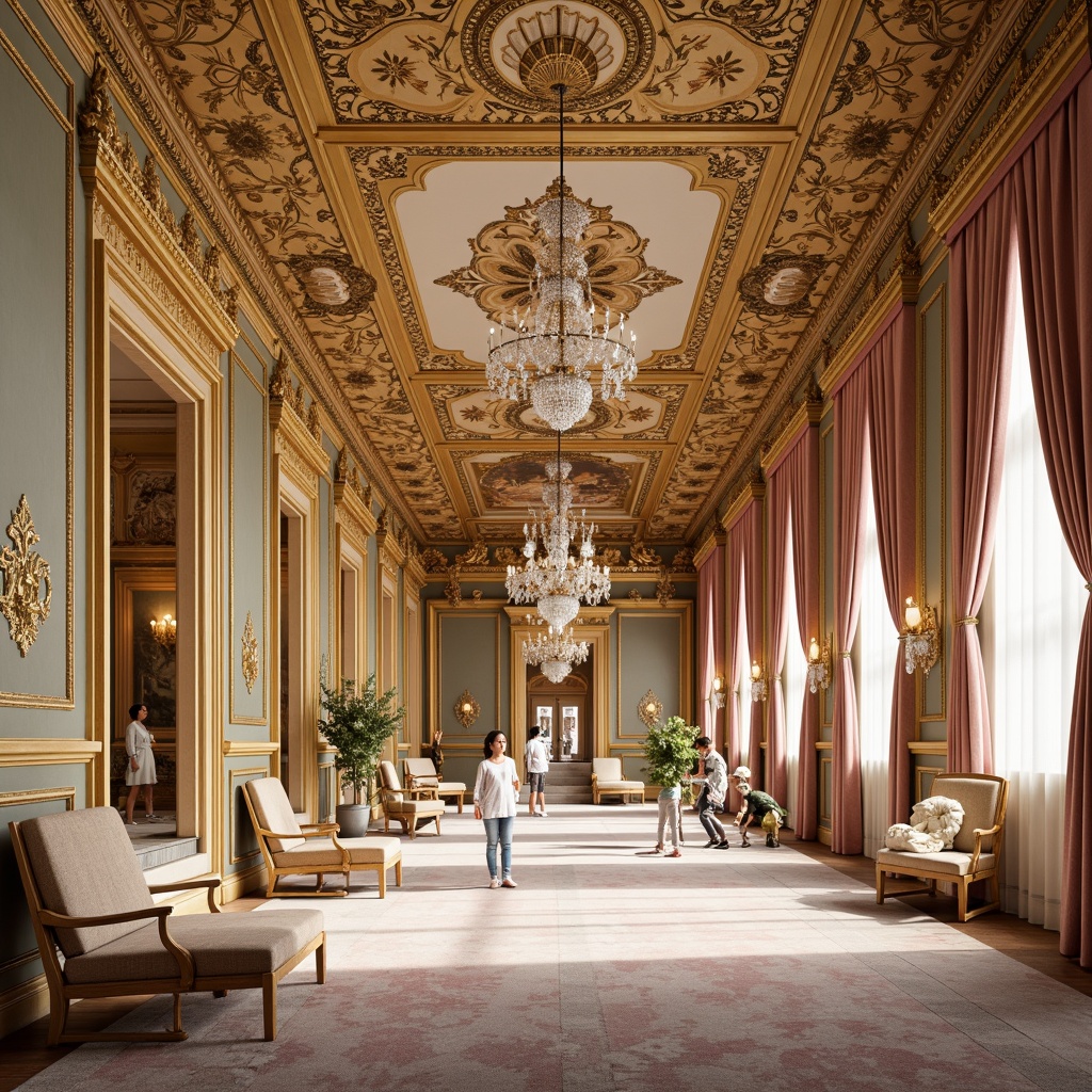 Prompt: Opulent palace interior, ornate gold leafing, delicate floral patterns, intricate wooden carvings, velvet drapes, crystal chandeliers, curved lines, shell-shaped motifs, pastel color palette, soft warm lighting, subtle shading, 1/2 composition, detailed textures, ambient occlusion.