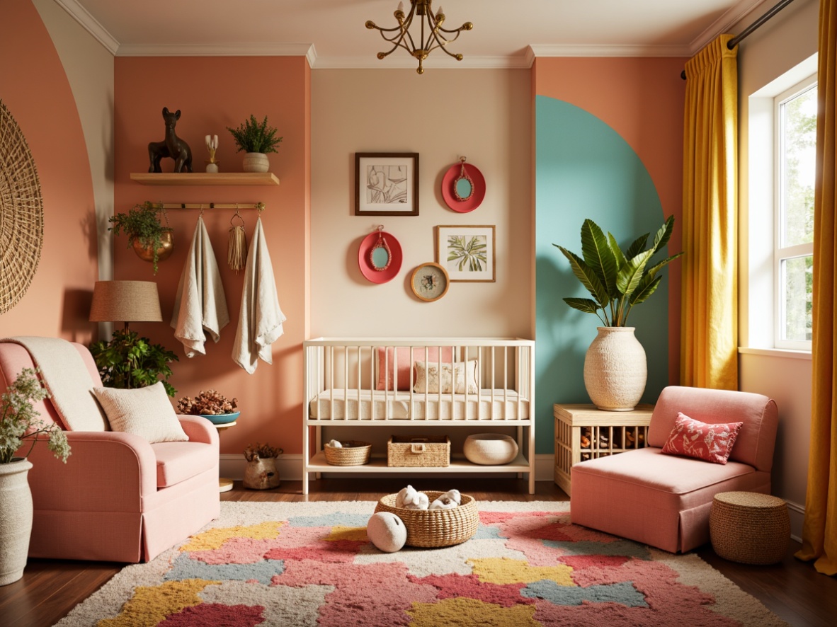 Prompt: Vibrant southwestern nursery, warm beige walls, turquoise accents, soft coral pink furniture, creamy white cribs, natural wood textures, woven basket storage, colorful Aztec-inspired patterns, plush area rugs, sunny yellow curtains, gentle warm lighting, shallow depth of field, 1/1 composition, cozy intimate atmosphere.