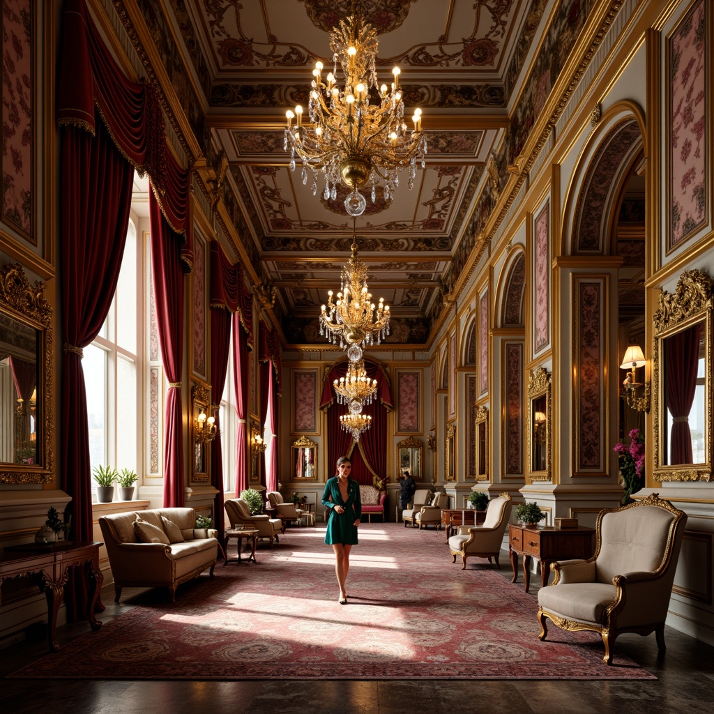 Prompt: Ornate palace, grand chandeliers, rich velvet drapes, intricately carved wooden furniture, gilded frames, ornamental mirrors, luxurious upholstery, regal throne-like chairs, curved lines, dramatic lighting, opulent textiles, heavy drapery, marble floors, frescoed ceilings, imposing columns, lavish decor, Baroque-inspired patterns, warm golden tones, soft diffused light, 1/2 composition, romantic ambiance.