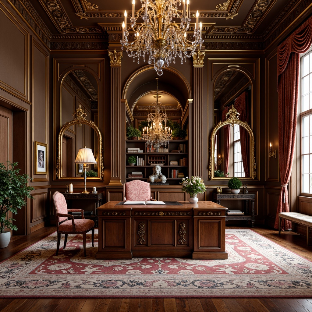 Prompt: Opulent home office, intricately carved wooden furniture, gilded accents, ornate mirrors, velvet drapes, richly patterned rugs, curvaceous lines, French Renaissance influences, grandiose chandeliers, luxurious fabrics, golden hardware, statement pieces, majestic desk, throne-like chair, lavish bookshelves, soft warm lighting, 1/1 composition, shallow depth of field, realistic textures, ambient occlusion.