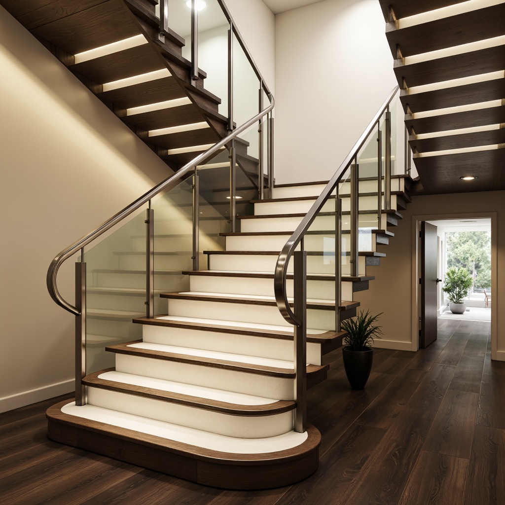 Prompt: Luxurious modern staircase, sleek balustrades, stainless steel handrails, glass panels, minimalist design, curved lines, floating steps, LED lighting, polished chrome accents, dark hardwood flooring, cream-colored walls, sophisticated ambiance, atmospheric misting, shallow depth of field, 1/1 composition, realistic reflections, ambient occlusion.