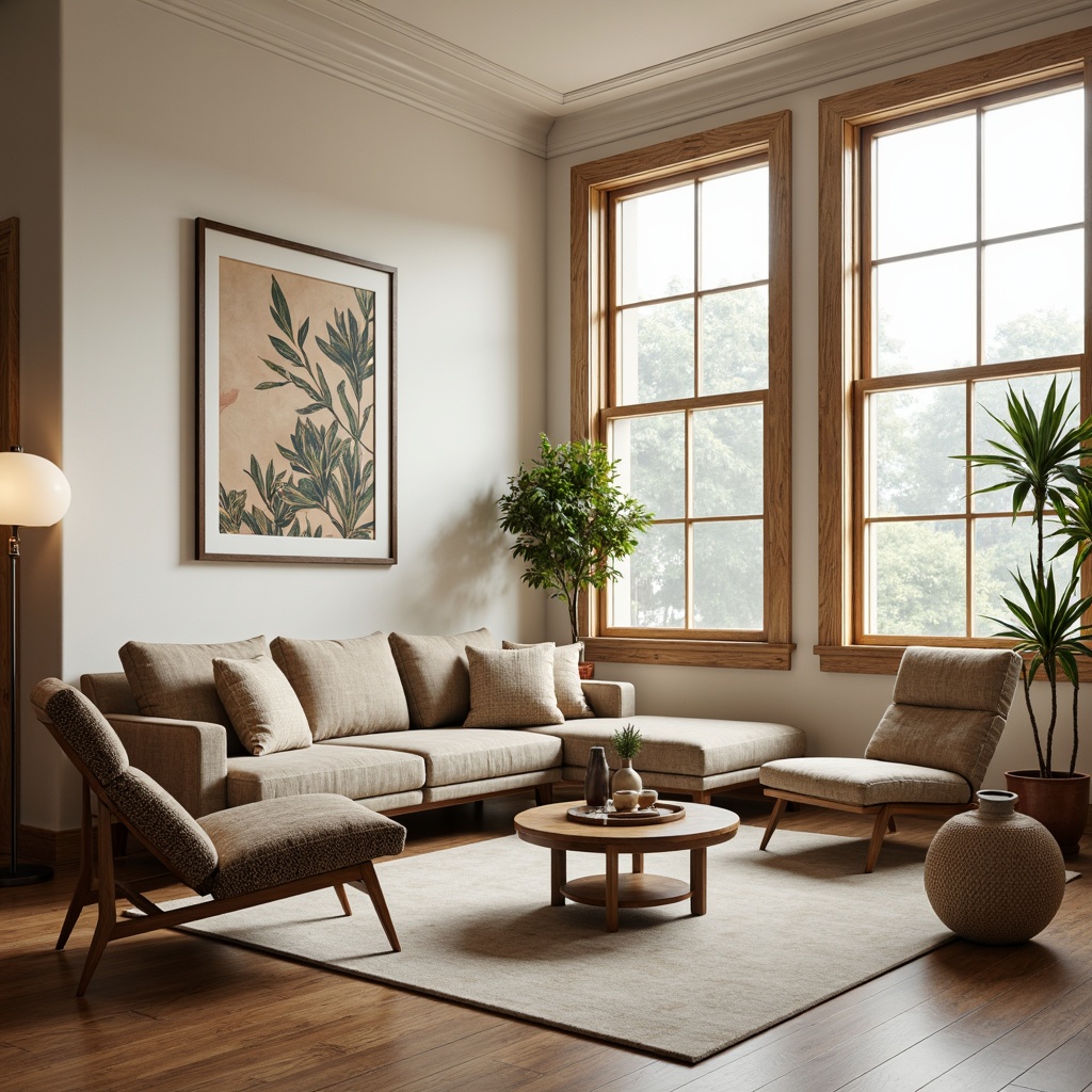 Prompt: Cozy living room, plush sectional sofa, soft velvet upholstery, warm wood accents, minimalist coffee table, industrial metal legs, modern floor lamps, creamy white walls, large windows, natural light, airy atmosphere, relaxed seating arrangement, calming color palette, inviting textures, functional storage units, ergonomic chair design, comfortable pillow arrangements, peaceful ambiance, shallow depth of field, 1/1 composition, warm softbox lighting.