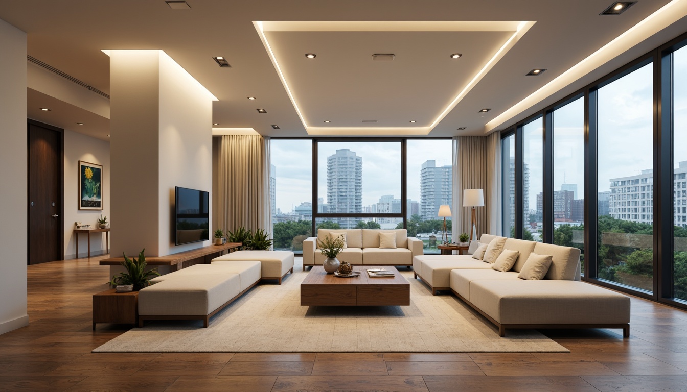 Prompt: Modern living room, sleek ceiling lights, warm ambient glow, polished chrome fixtures, minimalist pendant lamps, soft cream-colored walls, plush sectional sofas, natural wood flooring, floor-to-ceiling windows, urban cityscape views, cloudy day, subtle shadows, shallow depth of field, 1/1 composition, realistic textures, ambient occlusion.