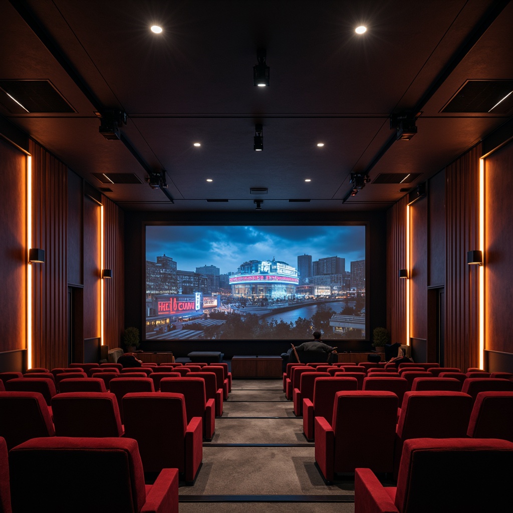 Prompt: Moody cinema interior, luxurious velvet seats, dark wood paneling, metallic accents, dramatic spotlights, warm ambient glow, LED strip lights, futuristic lamp fixtures, sleek minimalist decor, high ceilings, industrial concrete floors, urban cityscape views, nighttime atmosphere, cinematic color palette, deep shadows, soft focus, shallow depth of field, 1/1 composition, symmetrical framing, vibrant neon signs, atmospheric mist.