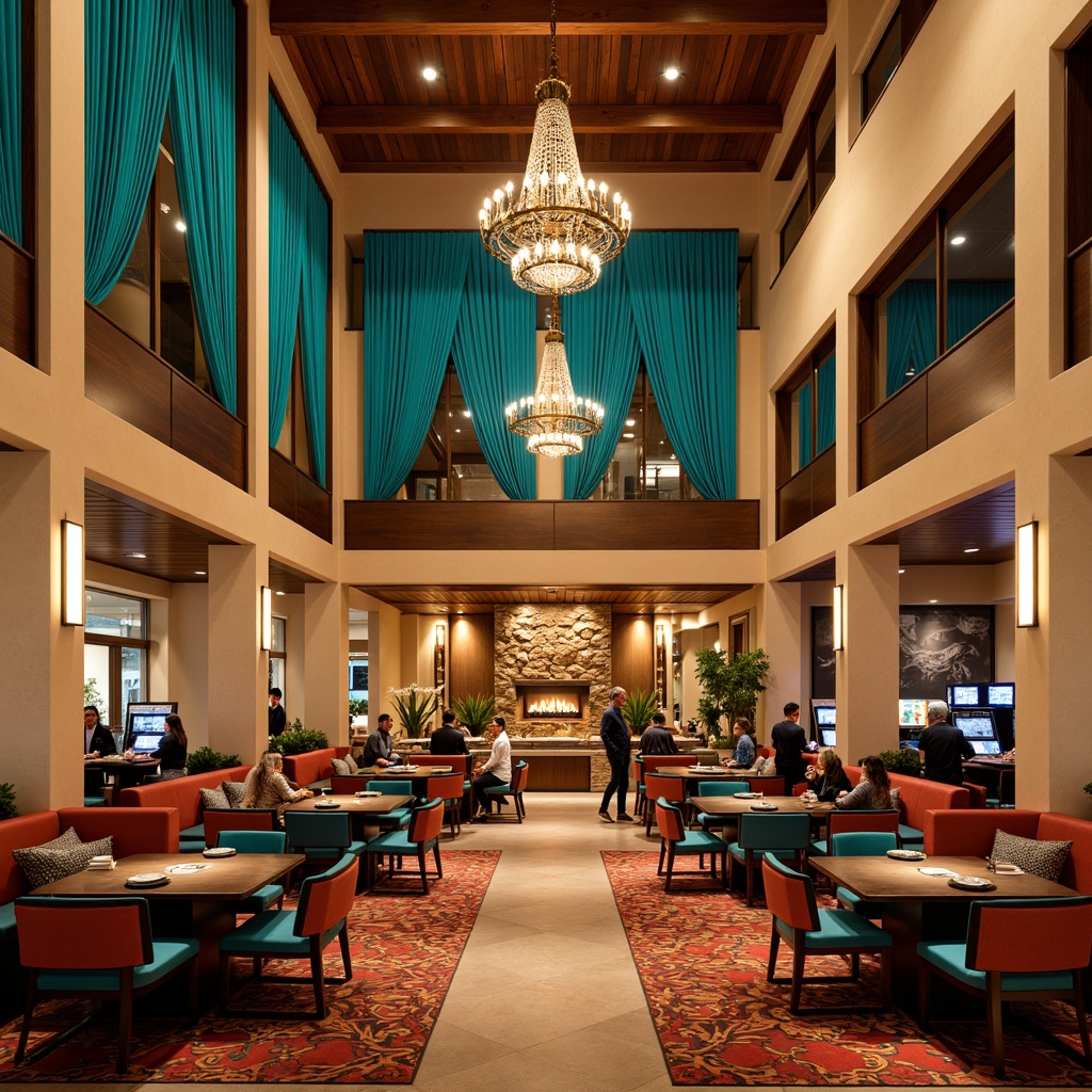 Prompt: Vibrant turquoise accents, warm beige walls, rustic wooden beams, ornate metal chandeliers, soft glowing lanterns, rich velvet drapes, bold patterned carpets, majestic stone fireplaces, authentic Native American textiles, warm golden lighting, dramatic spotlighting, ambient LED strips, shimmering crystal fixtures, elegant sconces, cozy nooks, intimate gaming areas, lively bars, festive event spaces, warm sunny days, soft warm shadows, 1/2 composition, shallow depth of field, realistic textures.