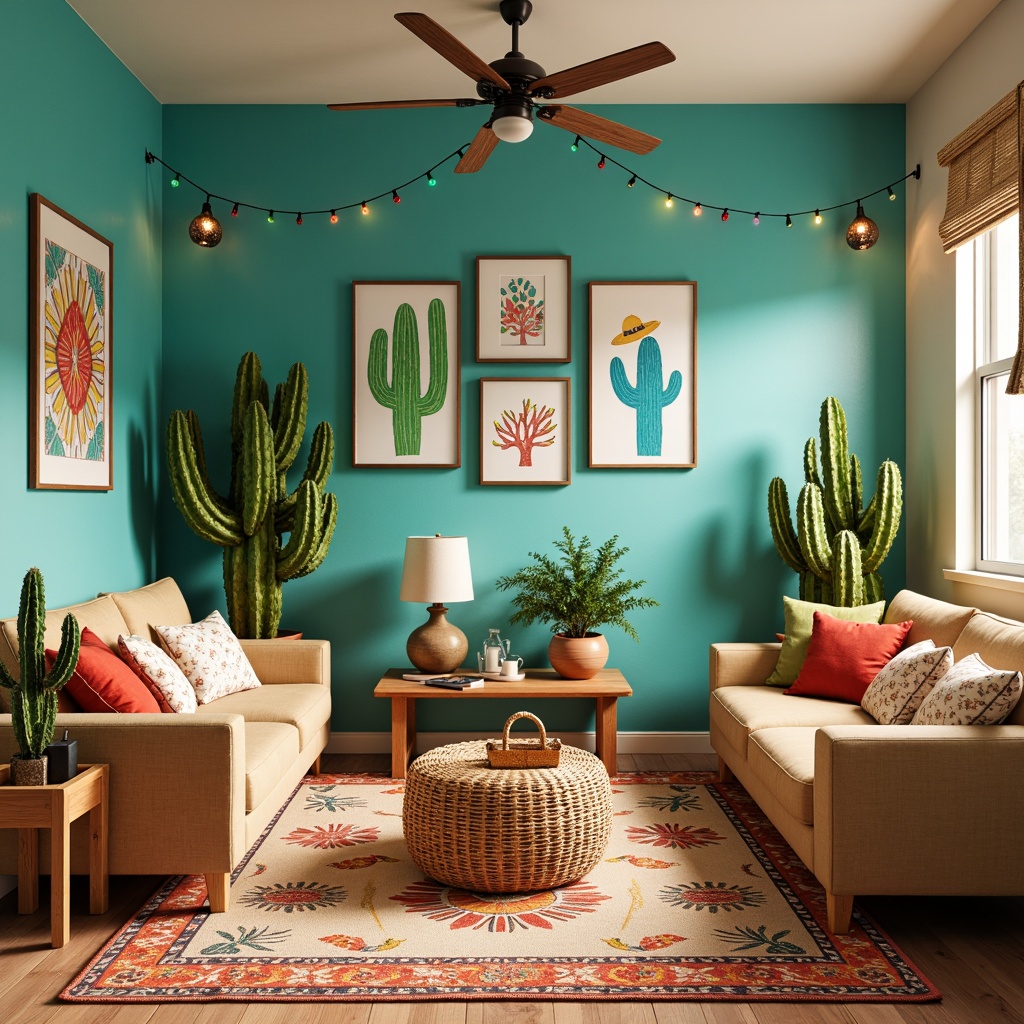 Prompt: Vibrant southwestern kids' room, turquoise accent walls, warm beige furniture, colorful woven textiles, playful cactus decorations, bright sunny day, soft warm lighting, shallow depth of field, 3/4 composition, panoramic view, realistic textures, ambient occlusion, table lamps with rattan shades, floor lamps with terracotta bases, string lights with miniature sombreros, novelty lanterns with southwestern patterns, LED candles with desert-inspired holders.