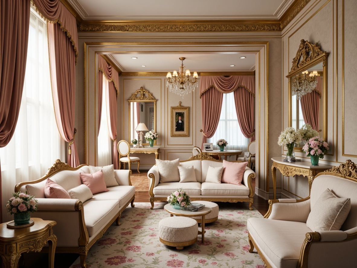 Prompt: Luxurious Rococo interiors, soft golden lighting, ornate furnishings, velvet drapes, intricate carvings, pastel color palette, pale pink accents, creamy whites, rich turquoise, opulent fabrics, lavish textures, Baroque patterns, gilded frames, ornamental mirrors, delicate florals, whimsical details, romantic ambiance, warm beige backgrounds, subtle sheen finishes.