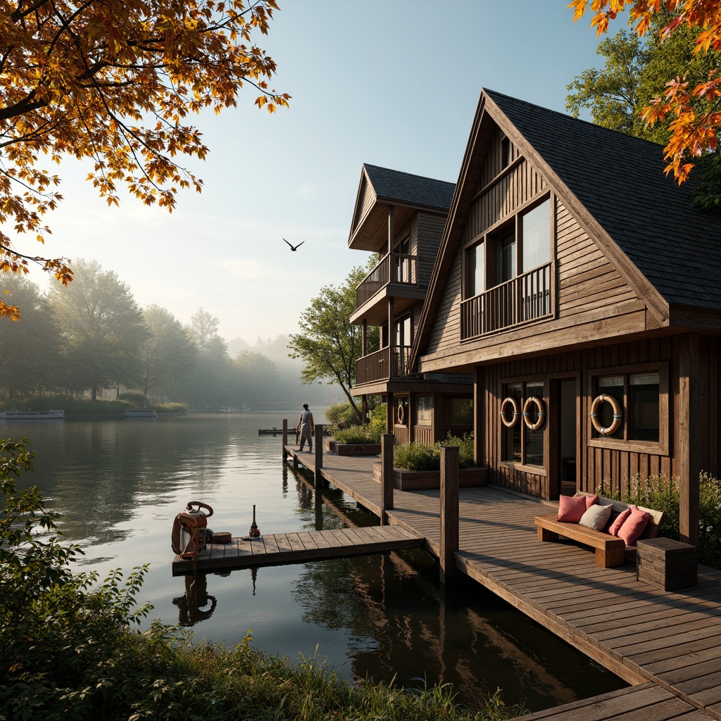 Prompt: Waterfront boathouse, ornate Victorian details, steeply pitched roofs, intricate wood trim, decorative gables, rustic wooden docks, nautical ropes, life rings, vintage lanterns, distressed finishes, earthy color palette, lush greenery, overhanging trees, serene lake views, warm golden lighting, soft misty atmosphere, 1/1 composition, realistic water reflections, subtle ambient occlusion.