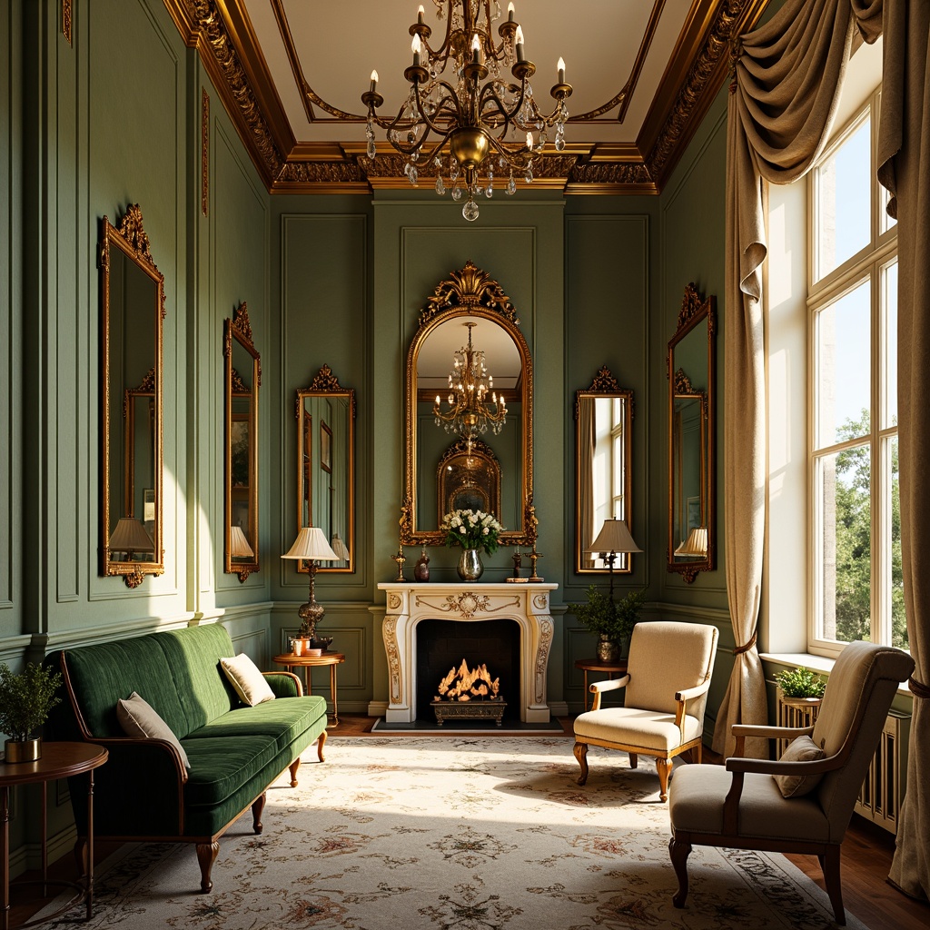 Prompt: Luxurious Rococo interior, soft golden lighting, ornate mirrors, intricately carved wooden furniture, velvet upholstery, rich jewel-toned colors, emerald green walls, creamy white accents, subtle sheen, luxurious fabrics, baroque patterns, delicate florals, antique gold leafing, opulent drapery, lavish chandeliers, warm beige tones, elegant curves, refined sophistication.