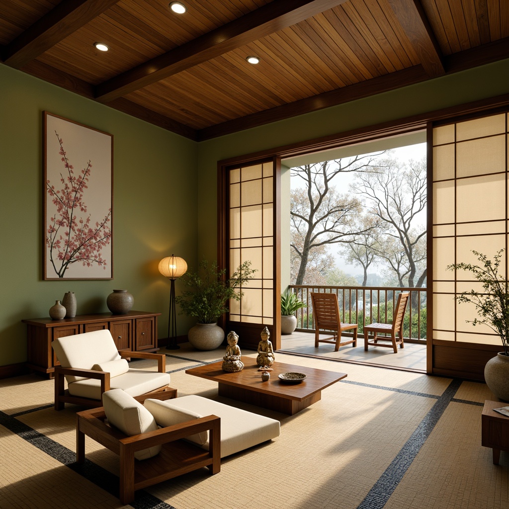 Prompt: Soothing Asian-style interior, natural wood accents, subtle paper lanterns, delicate cherry blossom patterns, calming jade green walls, rich silk fabrics, warm golden lighting, traditional Japanese sliding doors, intricately carved wooden panels, serene Buddha statues, minimalist decor, soft cream-colored ceramics, gentle watercolor-inspired artwork, peaceful nature views, shallow depth of field, 1/2 composition, warm and inviting atmosphere.