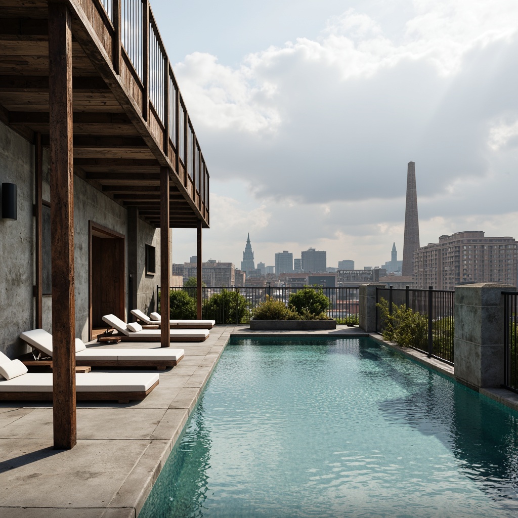 Prompt: Rustic industrial pool deck, exposed concrete walls, metal railings, distressed wood accents, urban cityscape views, cloudy grey skies, functional lighting fixtures, raw steel beams, minimalist modern architecture, sleek lap pools, turquoise water, sunny day, high contrast shadows, 1/1 composition, dramatic spotlighting, realistic rust textures, ambient occlusion.