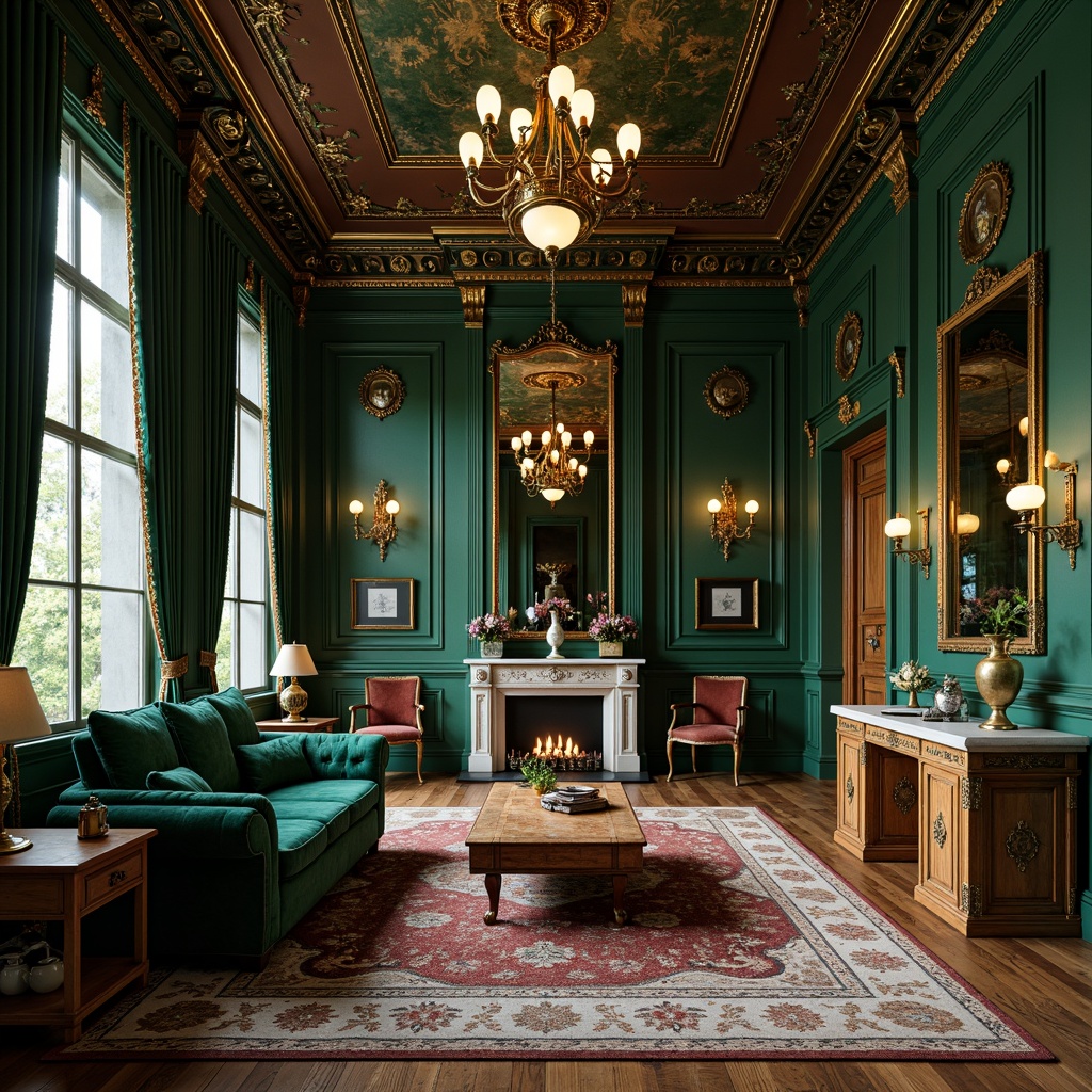 Prompt: Opulent baroque office, rich jewel tones, emerald green walls, golden accents, ornate furnishings, velvet upholstery, intricate carvings, gilded frames, marble countertops, lavish chandeliers, warm ambient lighting, shallow depth of field, 1/1 composition, symmetrical balance, dramatic shadows, realistic textures, ambient occlusion.