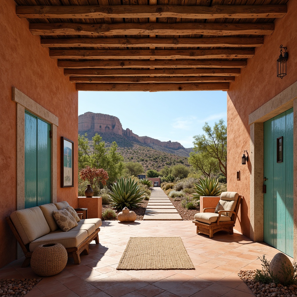 Prompt: Southwestern-inspired interior, warm earthy tones, terracotta flooring, distressed wooden accents, woven textiles, vibrant turquoise hues, natural stone walls, rustic metal fixtures, geometric patterned tiles, desert landscape views, cacti plants, clear blue skies, warm sunny days, shallow depth of field, 3/4 composition, panoramic view, realistic textures, ambient occlusion.