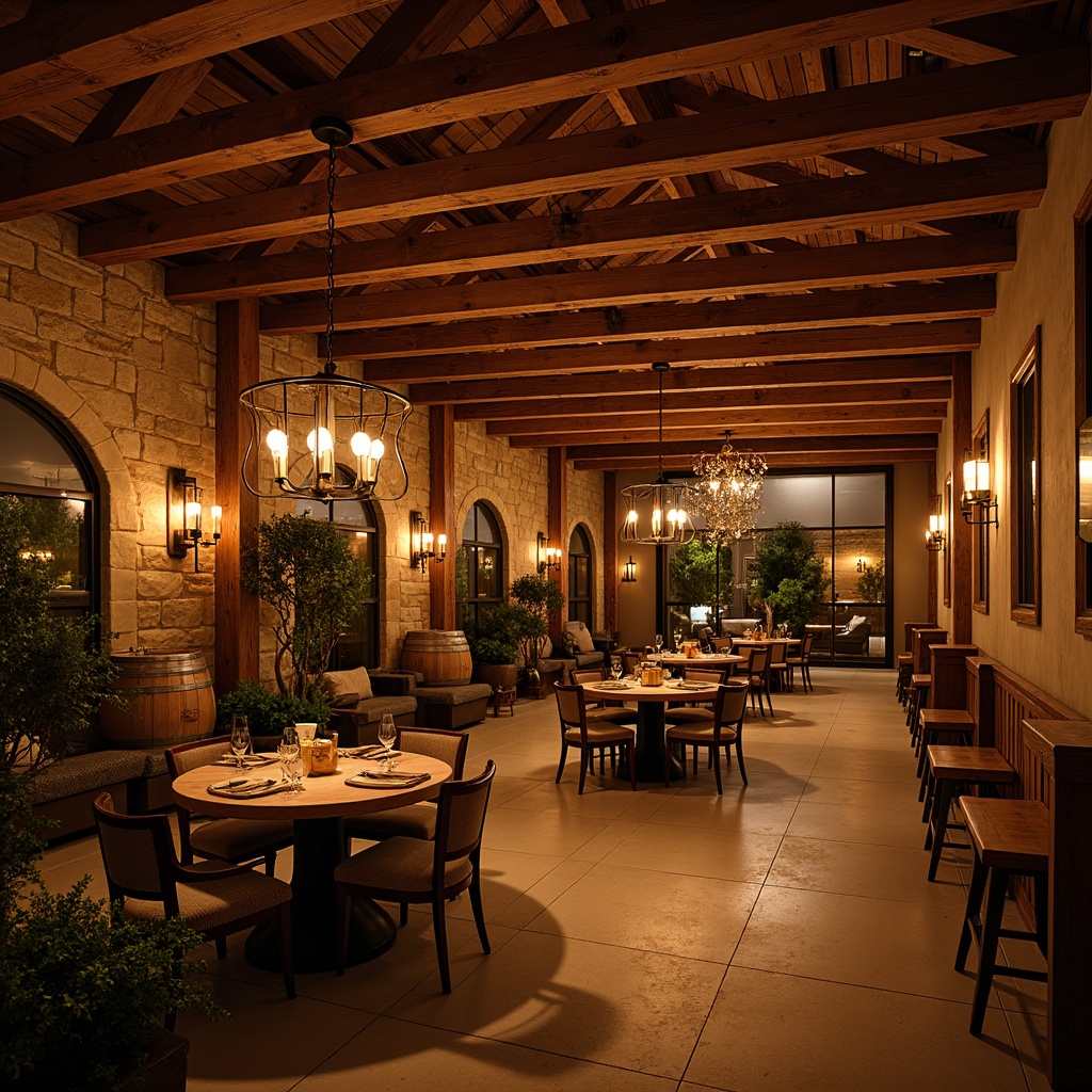 Prompt: Warm winery ambiance, rustic wooden accents, dimmed pendant lamps, soft warm lighting, cozy nooks, barrel-aging rooms, rich wood tones, earthy color palette, natural stone walls, vaulted ceilings, industrial-chic metal beams, intimate seating areas, wine-tasting tables, decorative wine barrels, ambient candlelight, subtle LED strip lights, dramatic chandelier centerpiece, warm beige flooring, comfortable lounge furniture, lush greenery, soft music background, relaxed atmosphere.