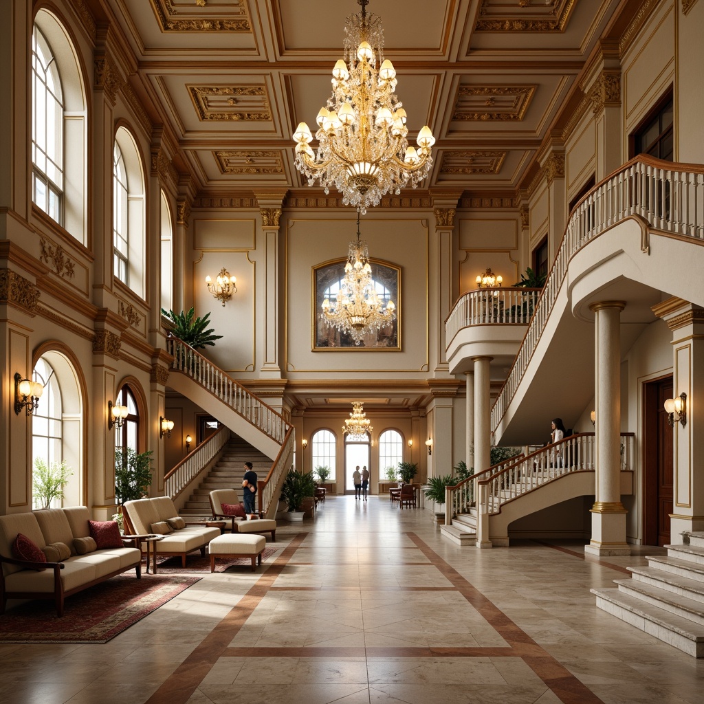 Prompt: Elegant distribution center interior, high ceilings, ornate moldings, luxurious chandeliers, marble floors, grand staircases, classic columns, rich wood paneling, intricate carvings, sophisticated lighting fixtures, warm beige color palette, lavish furniture, plush carpets, stately archways, refined textures, subtle patterned fabrics, majestic atmosphere, symmetrical composition, 1/1 aspect ratio, softbox lighting, realistic reflections.